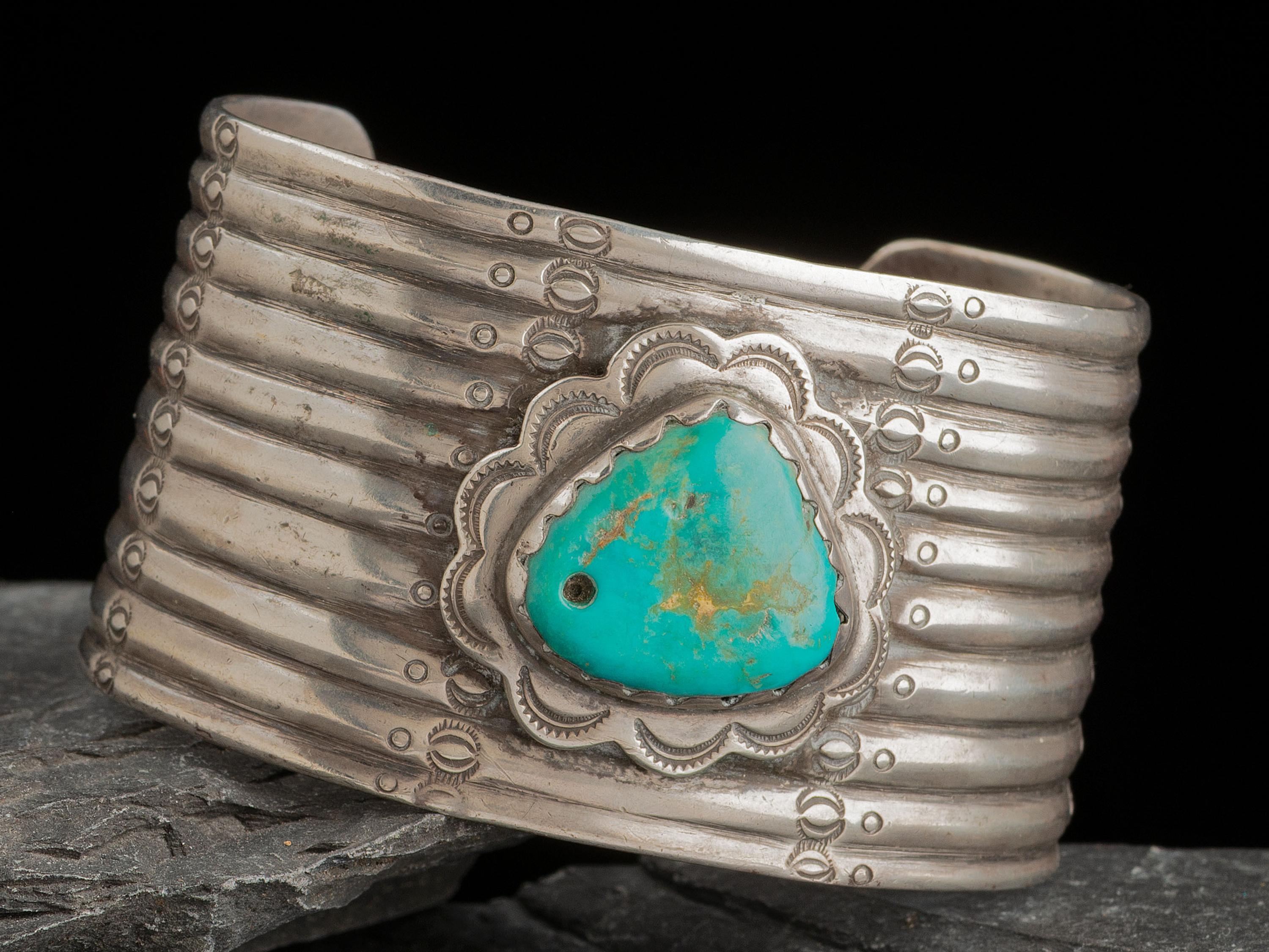 Wide Navajo Cuff Bracelet, with Drilled Turquoise Stone