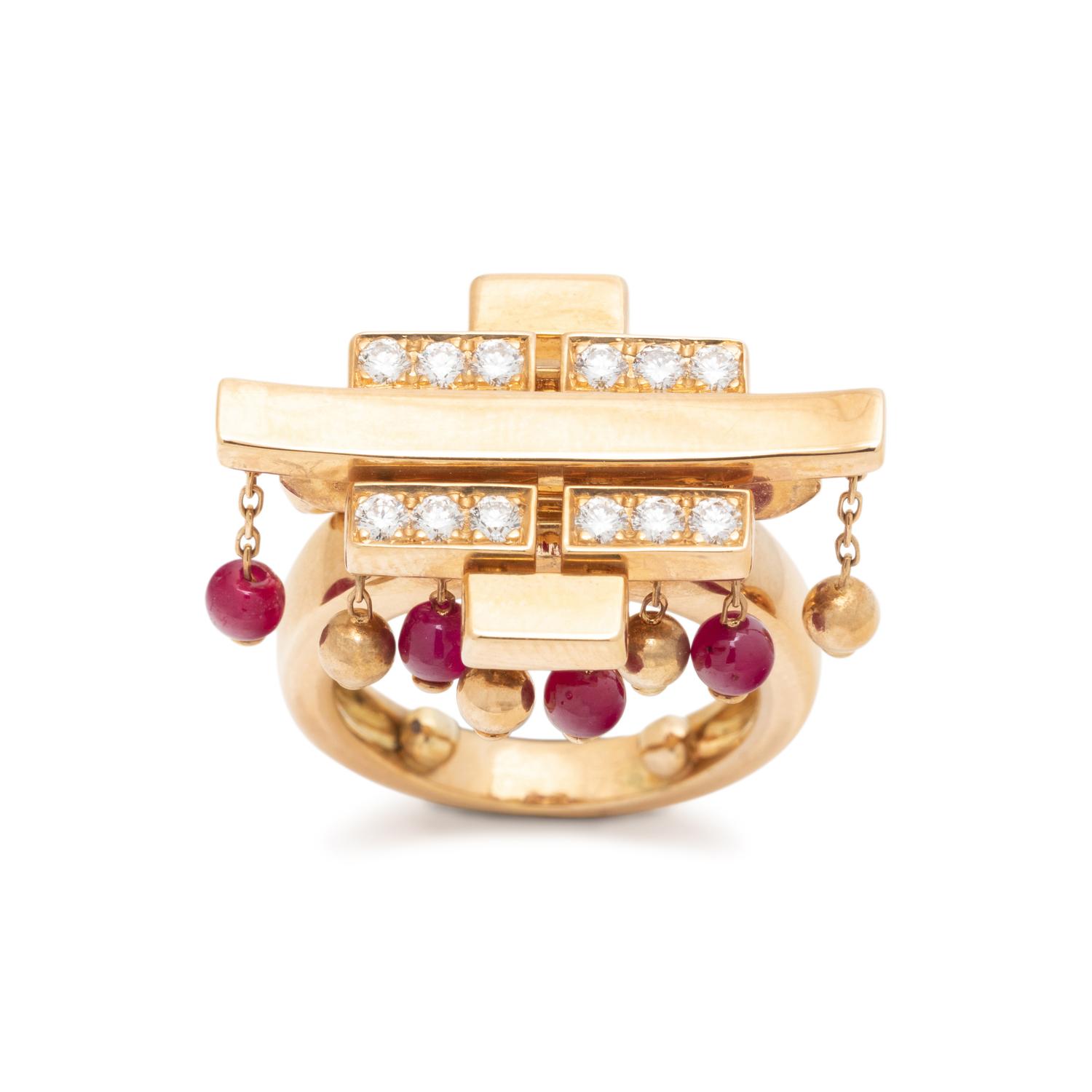 CARTIER, YELLOW GOLD, DIAMOND AND RUBY 'LE BAISER DU DRAGON' RING