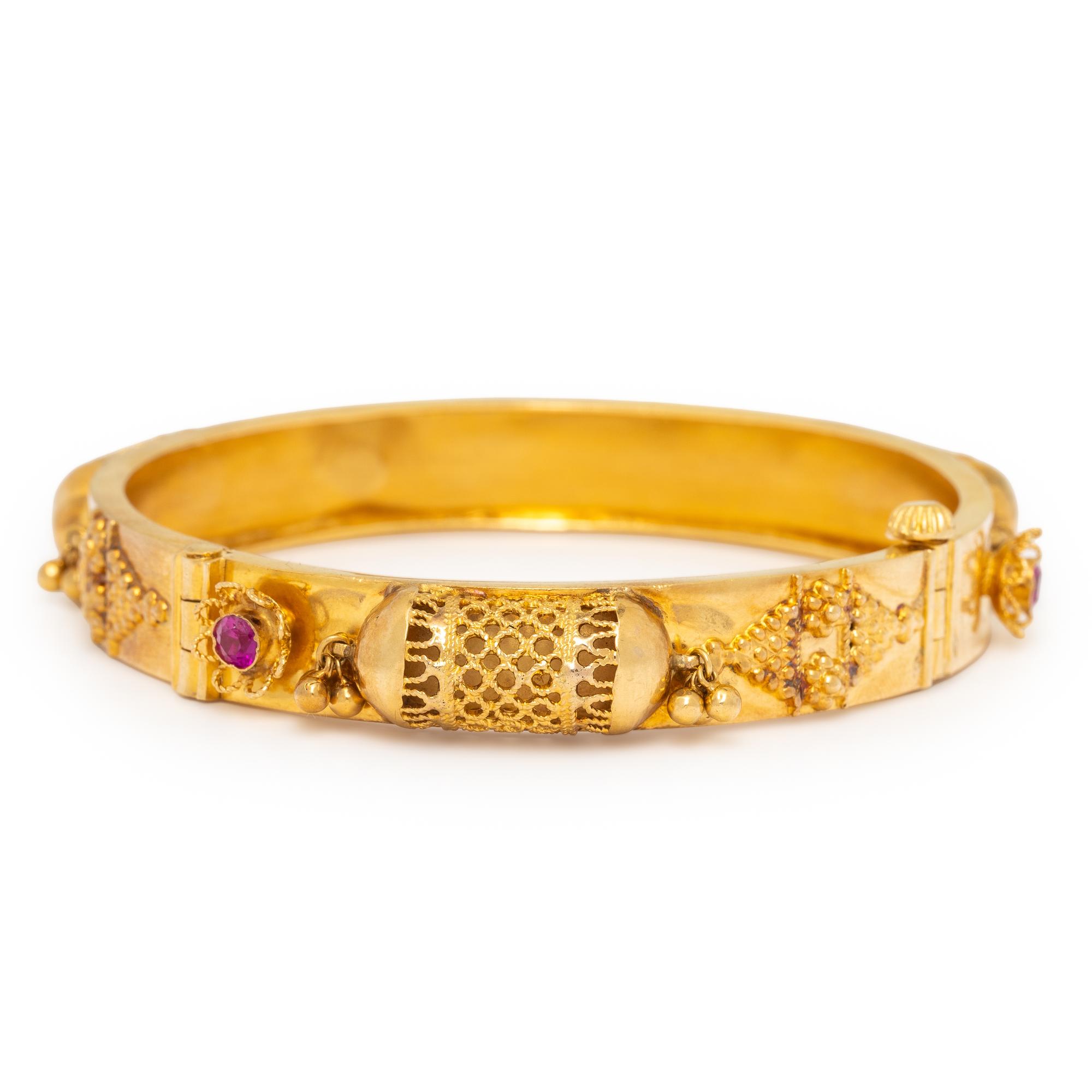 High Karat Yellow Gold and Synthetic Ruby Bangle Bracelet