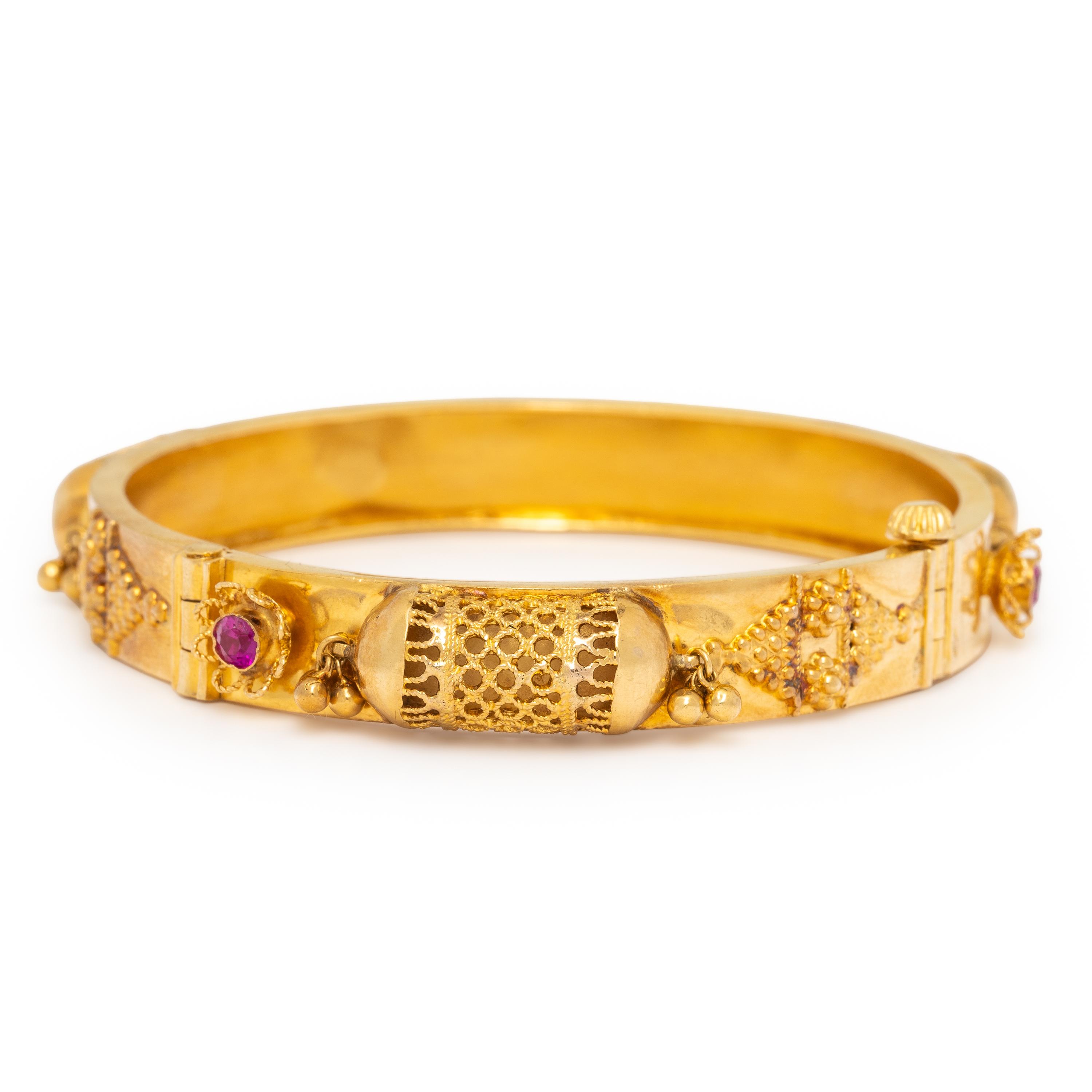 High Karat Yellow Gold and Synthetic Ruby Bangle Bracelet