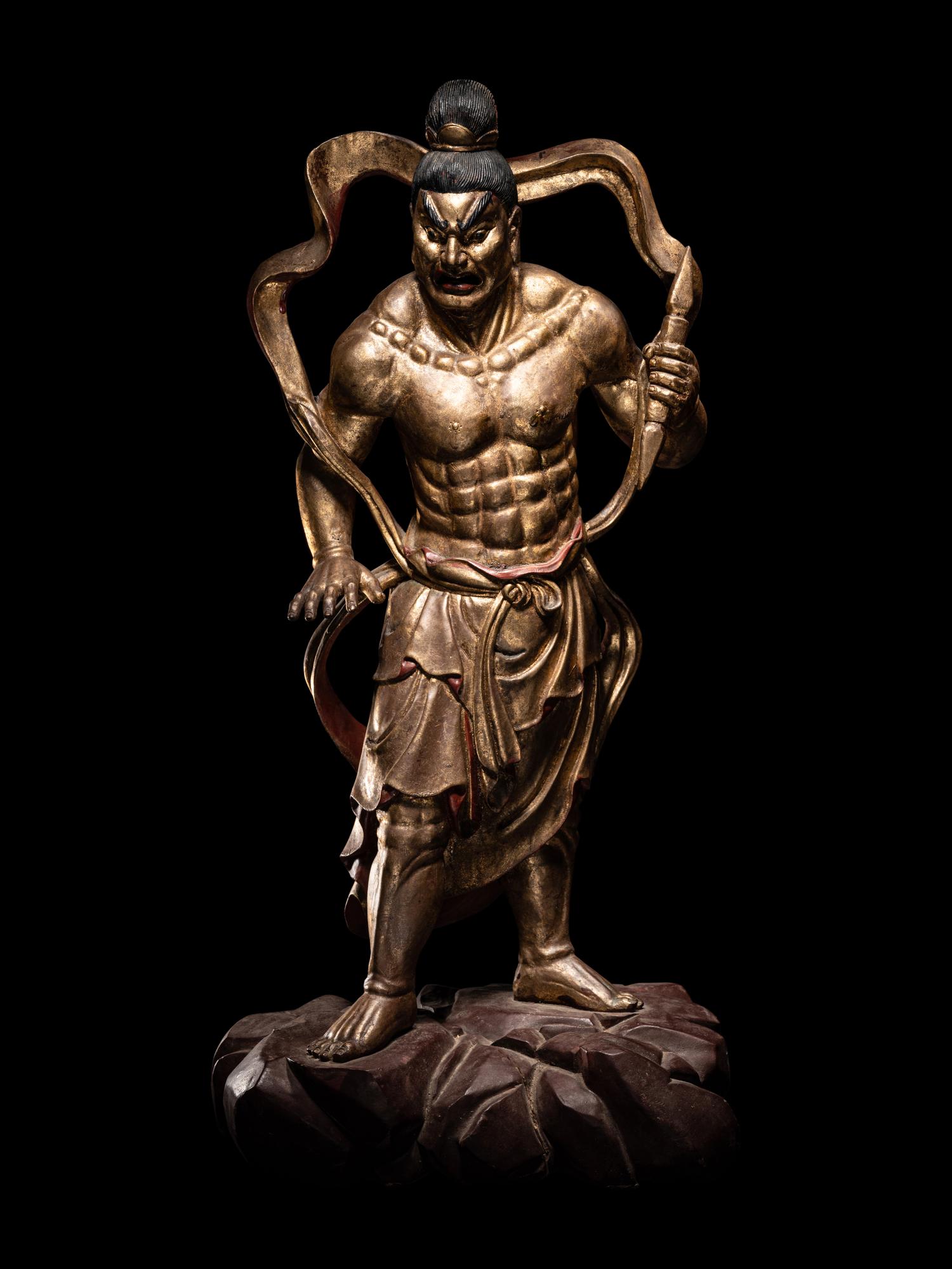 A Pair of Chinese Gilt and Red Lacquered Wood Figures of Wrathful Guardians