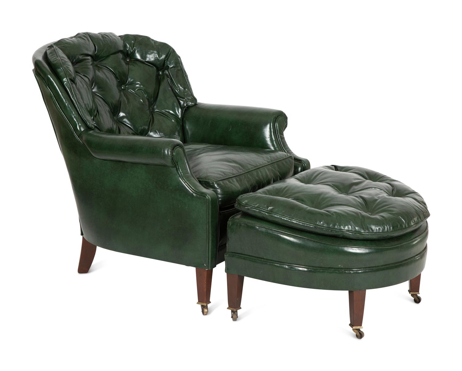 A Green Leather Button Tufted Club Chair and Ottoman — 20th Century