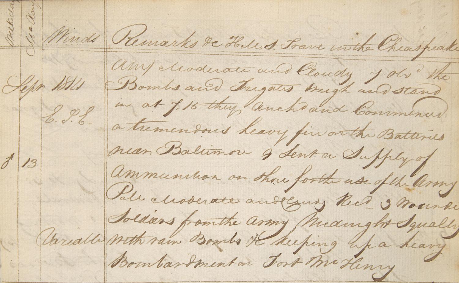 [Star-Spangled Banner] Eyewitness Account of the Shelling of Fort McHenry in the War of 1812, in a Manuscript Logbook from the HMS Trave , Present at the Battles of Baltimore and New Orleans, 1814-16
