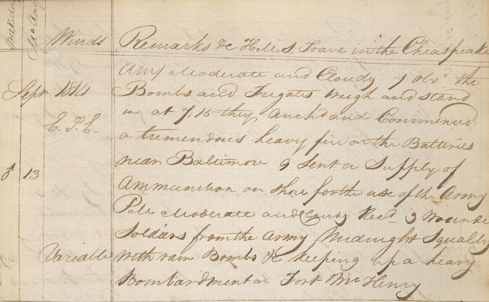 [Star-Spangled Banner] Eyewitness Account of the Shelling of Fort McHenry in the War of 1812, in a Manuscript Logbook from the HMS Trave , Present at the Battles of Baltimore and New Orleans, 1814-16