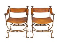 A Pair of Italian Renaissance Style Wrought-Iron Savanarola Chairs — 20TH CENTURY