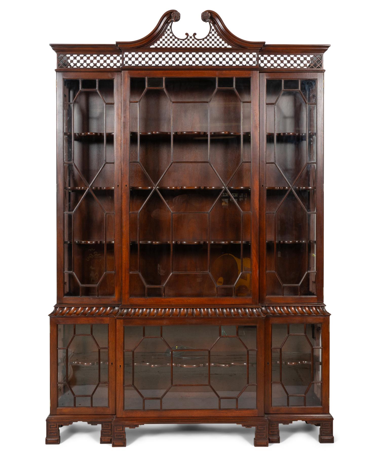 A Chinese Chippendale Style Mahogany Breakfront Bookcase