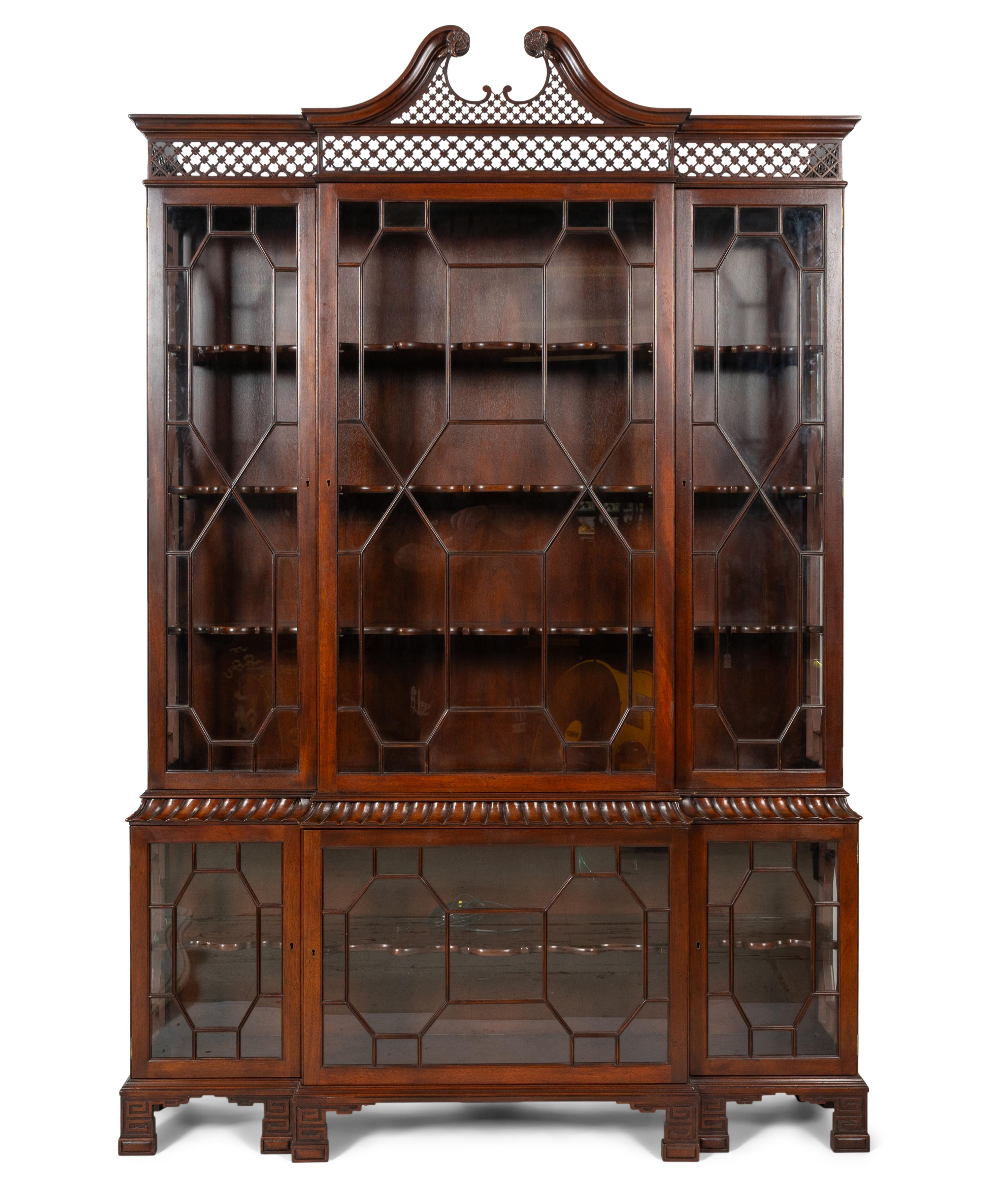 A Chinese Chippendale Style Mahogany Breakfront Bookcase