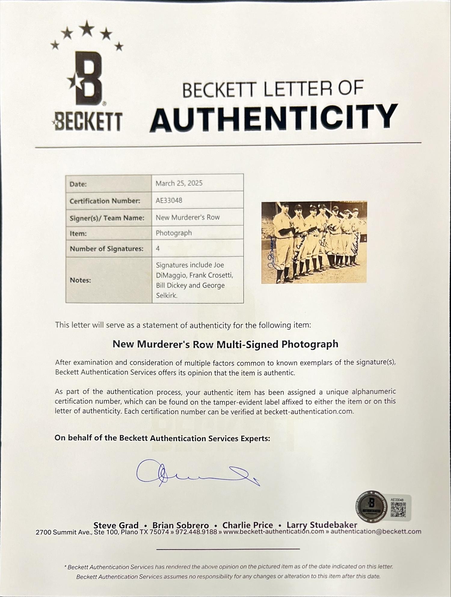 A New York Yankees New Murderer's Row Photograph Signed by Joe DiMaggio, Frank Crosetti, Bill Dickey and George Selkirk (Beckett Authentication Services)