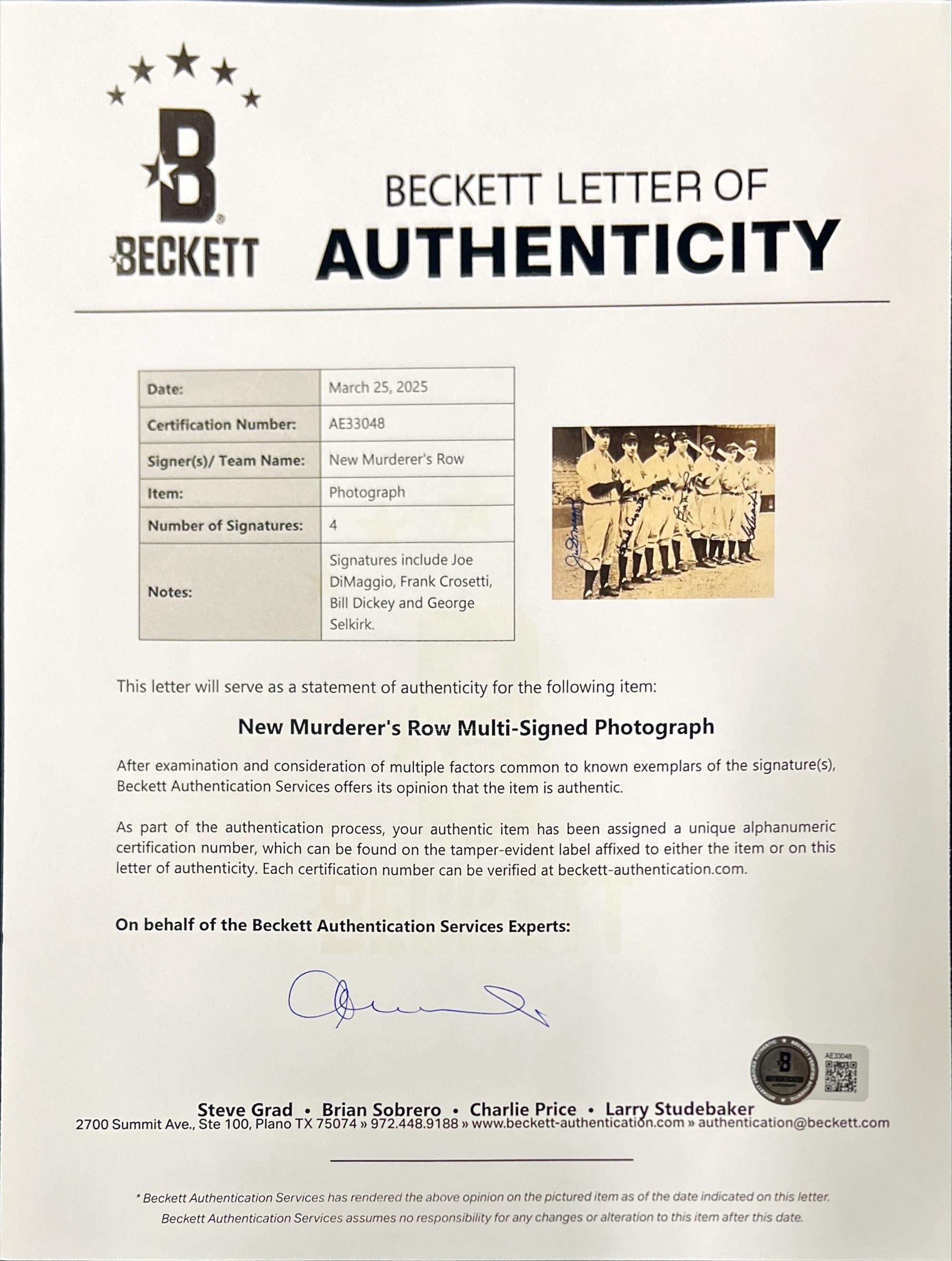 A New York Yankees New Murderer's Row Photograph Signed by Joe DiMaggio, Frank Crosetti, Bill Dickey and George Selkirk (Beckett Authentication Services)