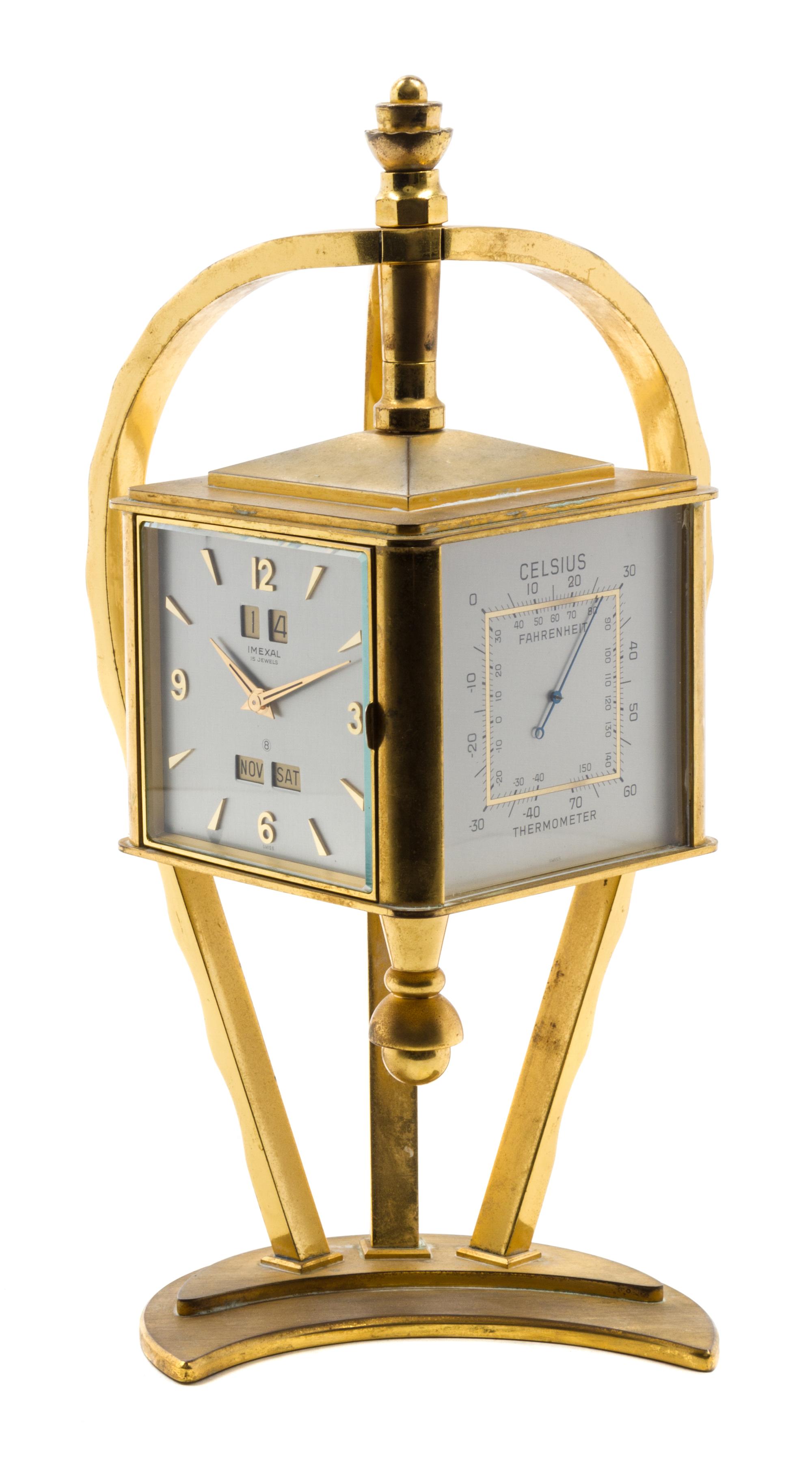 A Swiss Brass Desk Clock and Barometer Height 11 1/8 inches. — IMEXAL, MID-20TH CENTURY
