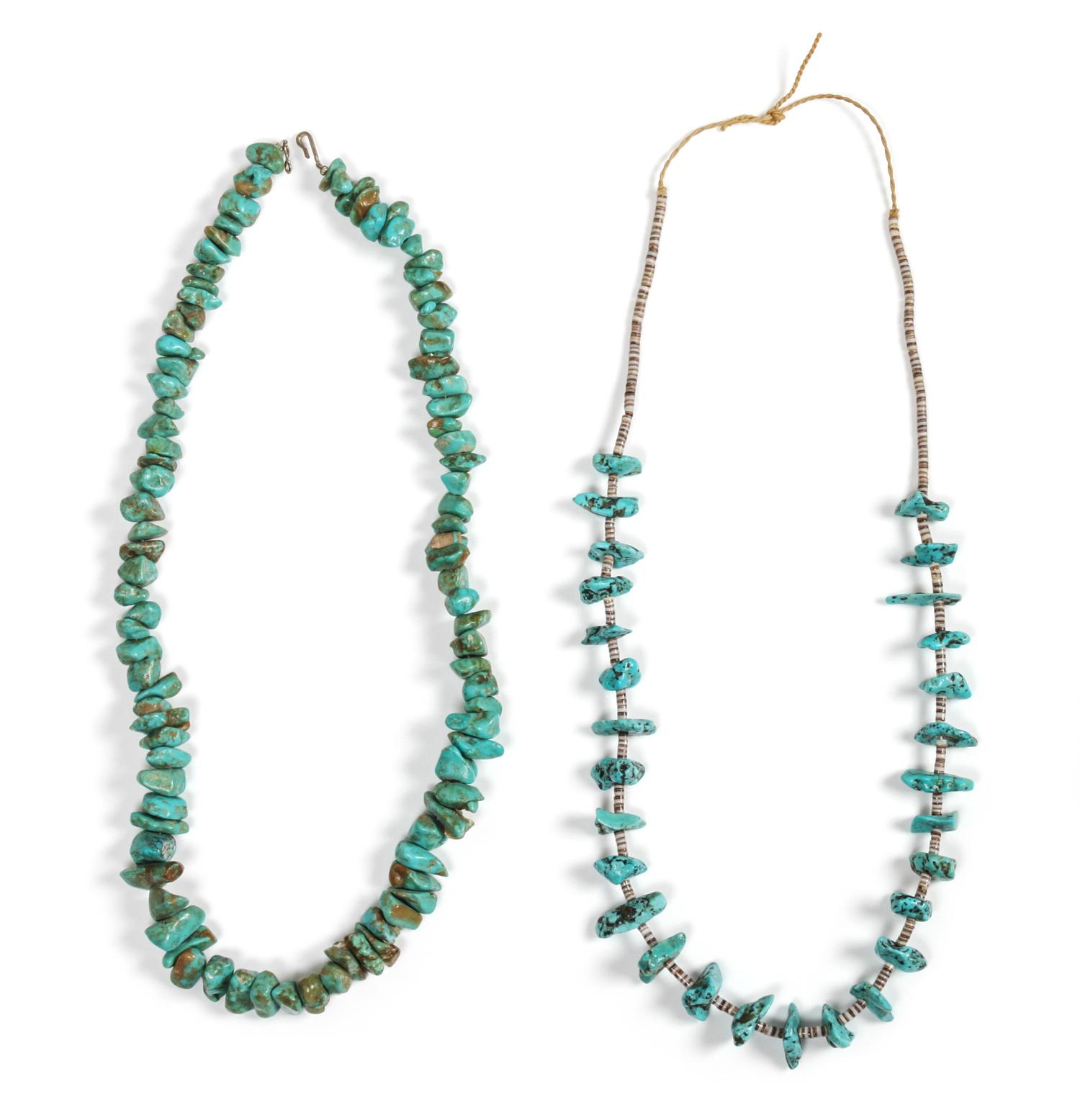 Two Southwestern Turquoise Nugget Necklaces Length of longer 24 inches.