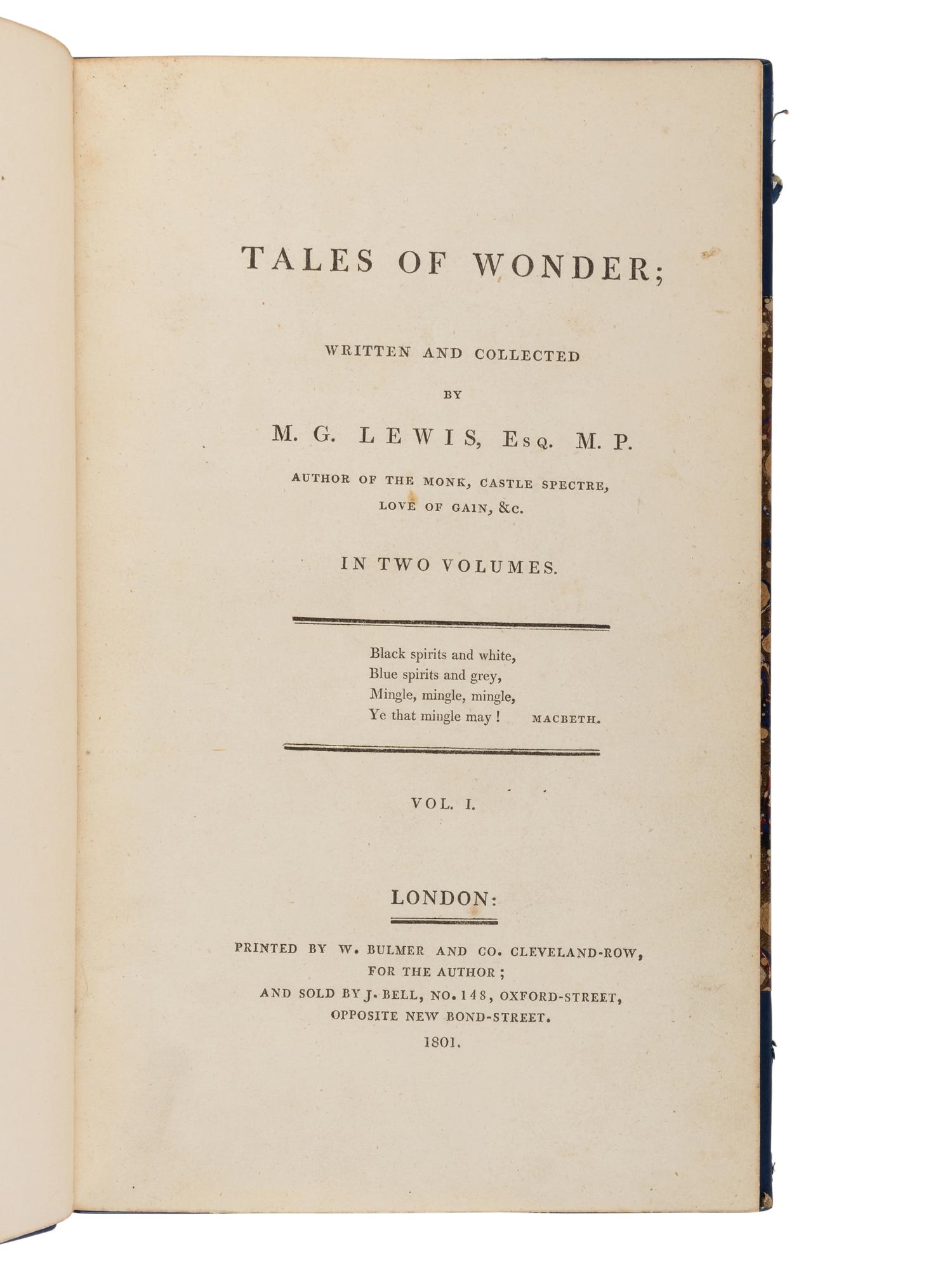 [SCOTT, Walter, Sir (1771-1832)]. LEWIS, Matthew Gregory (1775-1818). Tales of Wonder . London: W. Bulmer and Co. for the author, 1801 [but 1800].