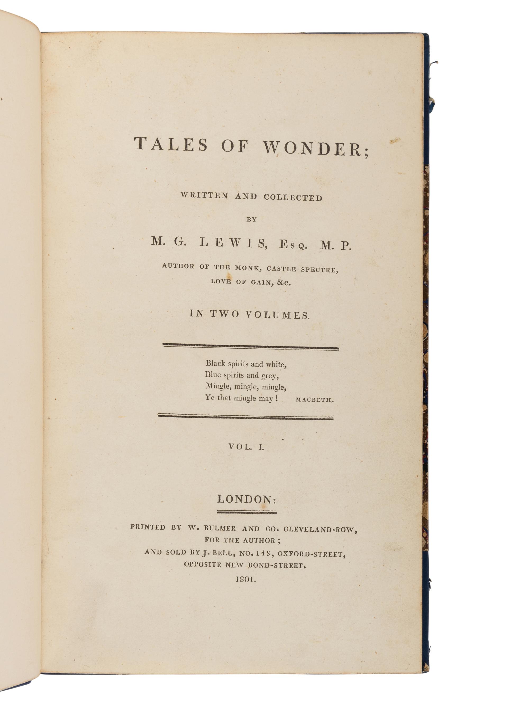 [SCOTT, Walter, Sir (1771-1832)]. LEWIS, Matthew Gregory (1775-1818). Tales of Wonder . London: W. Bulmer and Co. for the author, 1801 [but 1800].