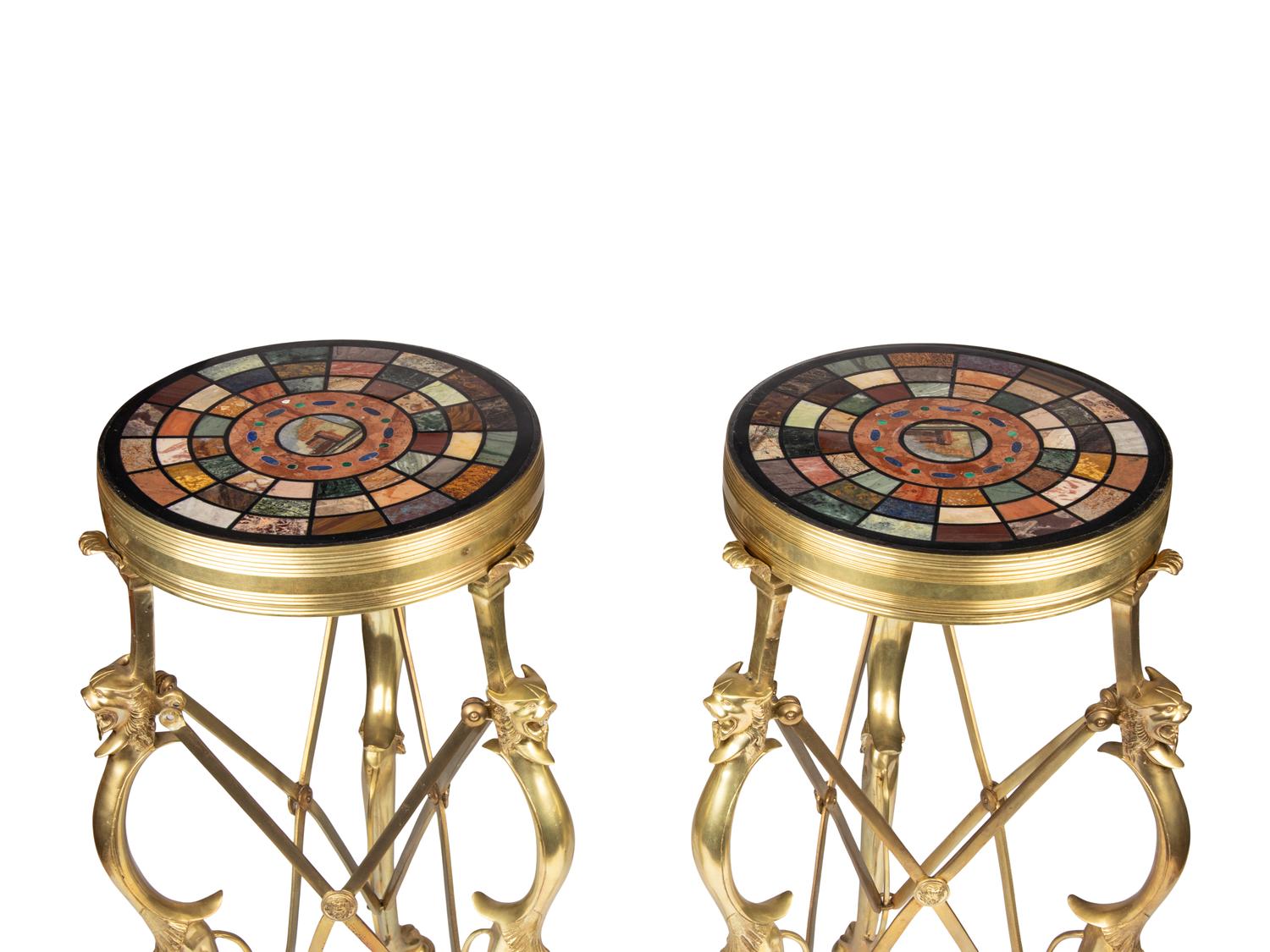 A Pair of Italian Grand Tour Style Pietra Dura and Micromosaic Inset Gilt Bronze Gu é ridons