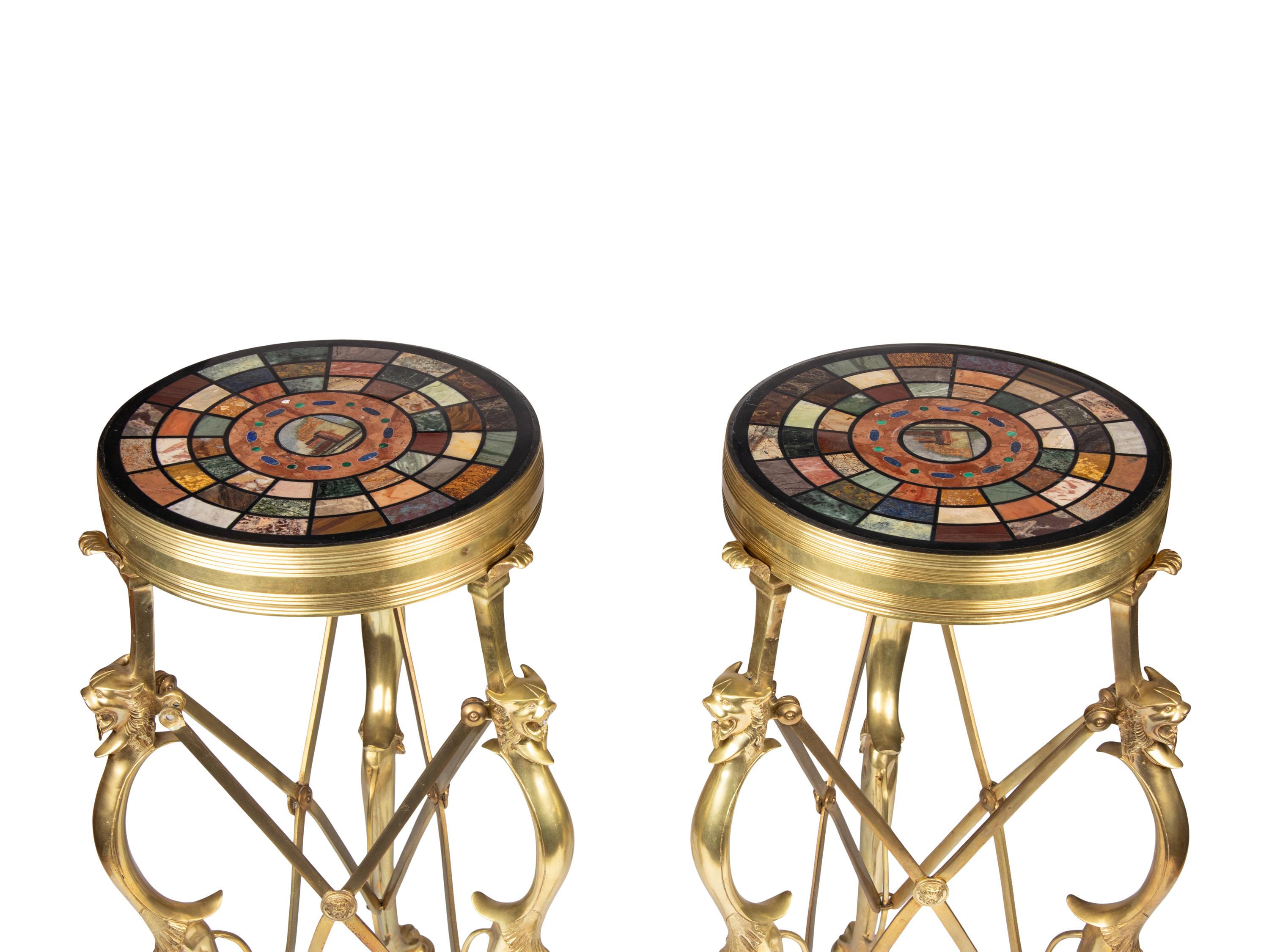 A Pair of Italian Grand Tour Style Pietra Dura and Micromosaic Inset Gilt Bronze Gu é ridons