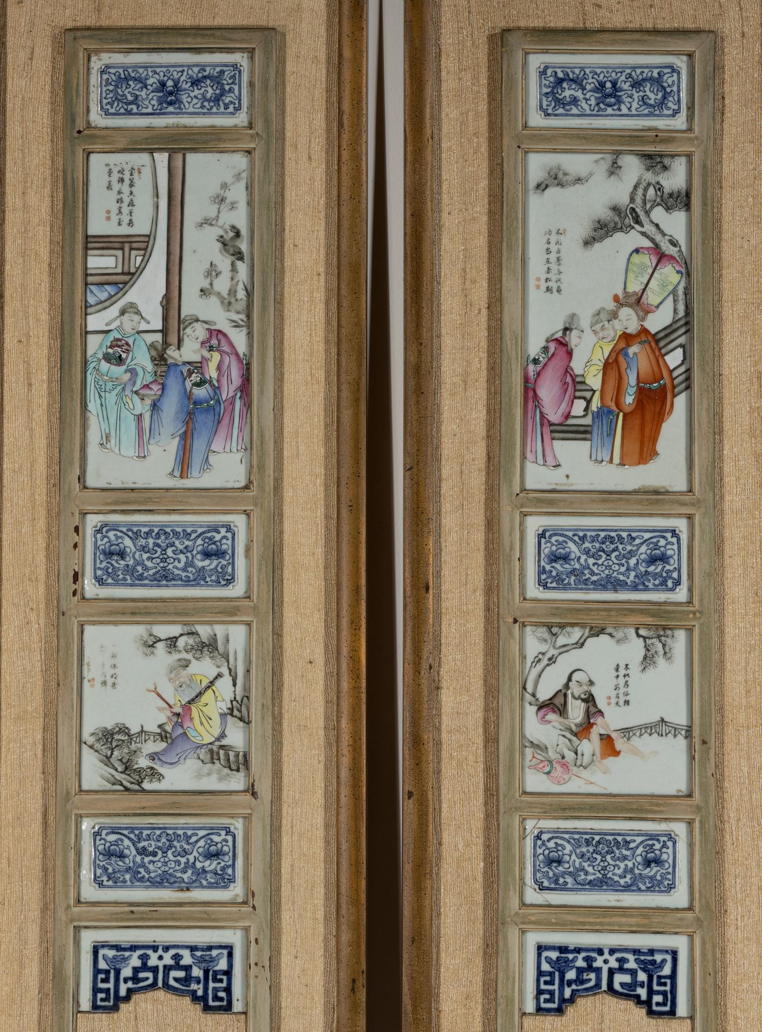 Four Chinese Famille Rose Porcelain Plaque-Inset Wall Panels, the Porcelain 19th Century — 清晚期 粉彩人物圖挂屏四件