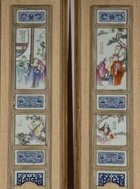 Four Chinese Famille Rose Porcelain Plaque-Inset Wall Panels, the Porcelain 19th Century — 清晚期 粉彩人物圖挂屏四件