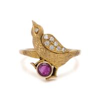 YELLOW GOLD, RUBY AND DIAMOND BIRD RING