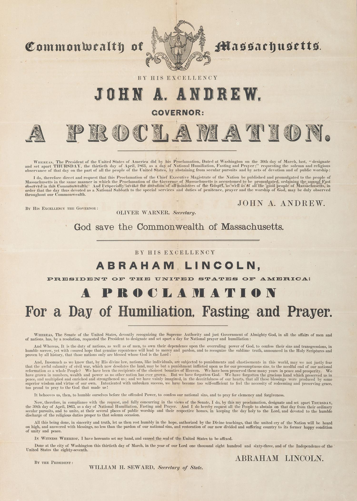 [POLITICS]. Commonwealth of Massachusetts. By His Excellency John Andrew, Governor...By His Excellency Abraham Lincoln...For a Day of Humiliation, Fasting, and Prayer.