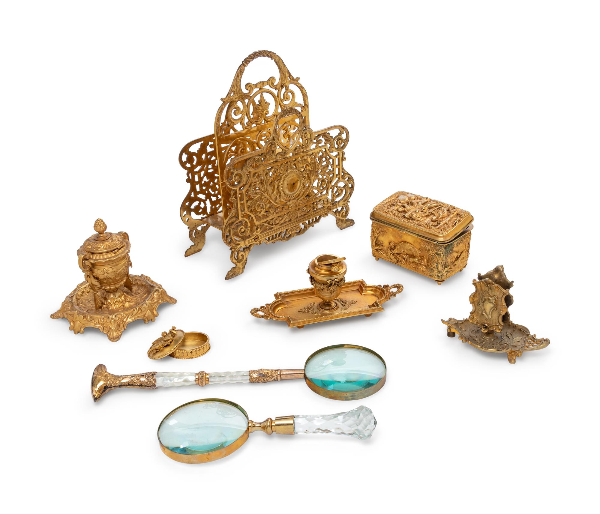 Eight Gilt Bronze and Gilt Metal Desk Articles