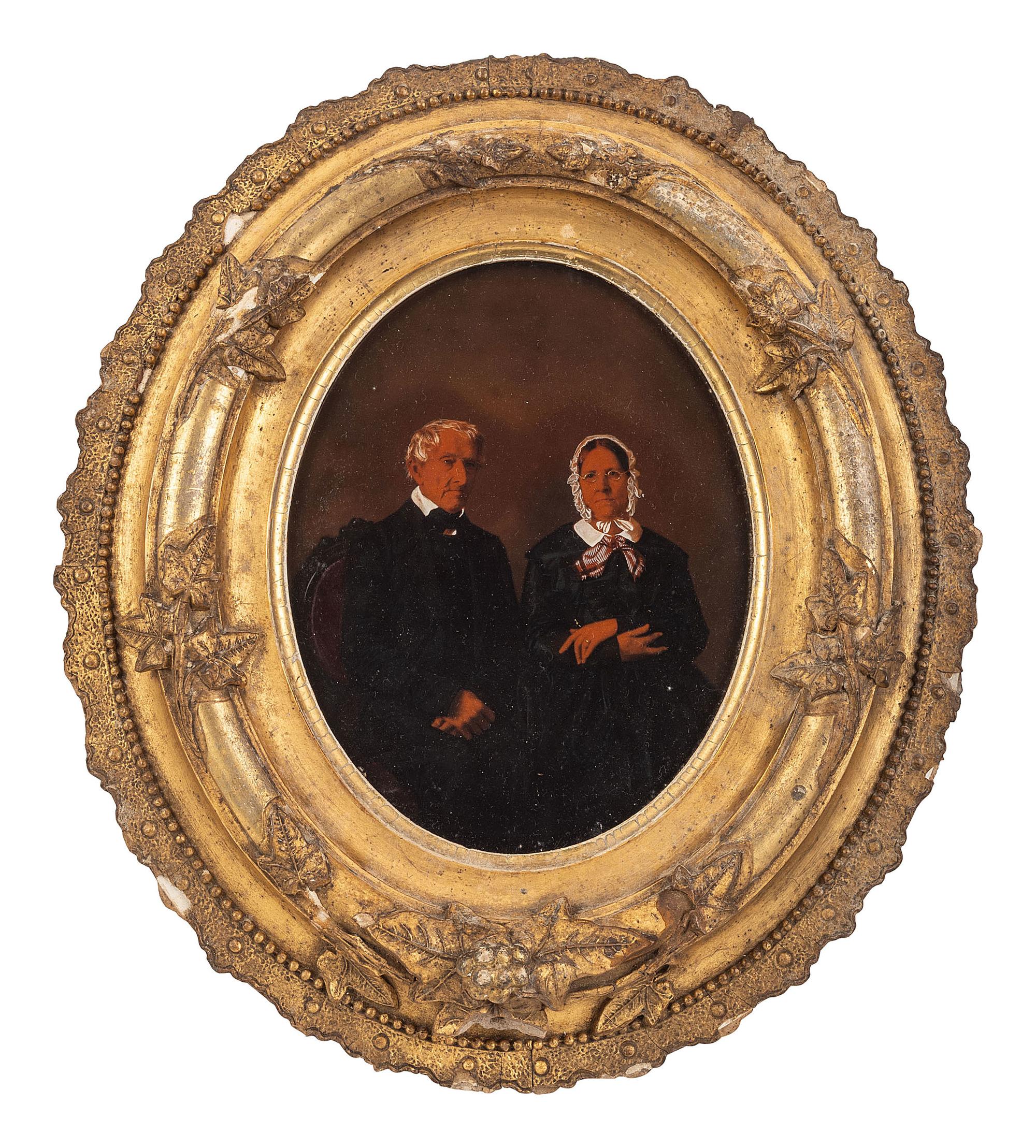 [EARLY PHOTOGRAPHY]. Ivorytype of an aged couple & wall frame containing 6 tintypes of a family.