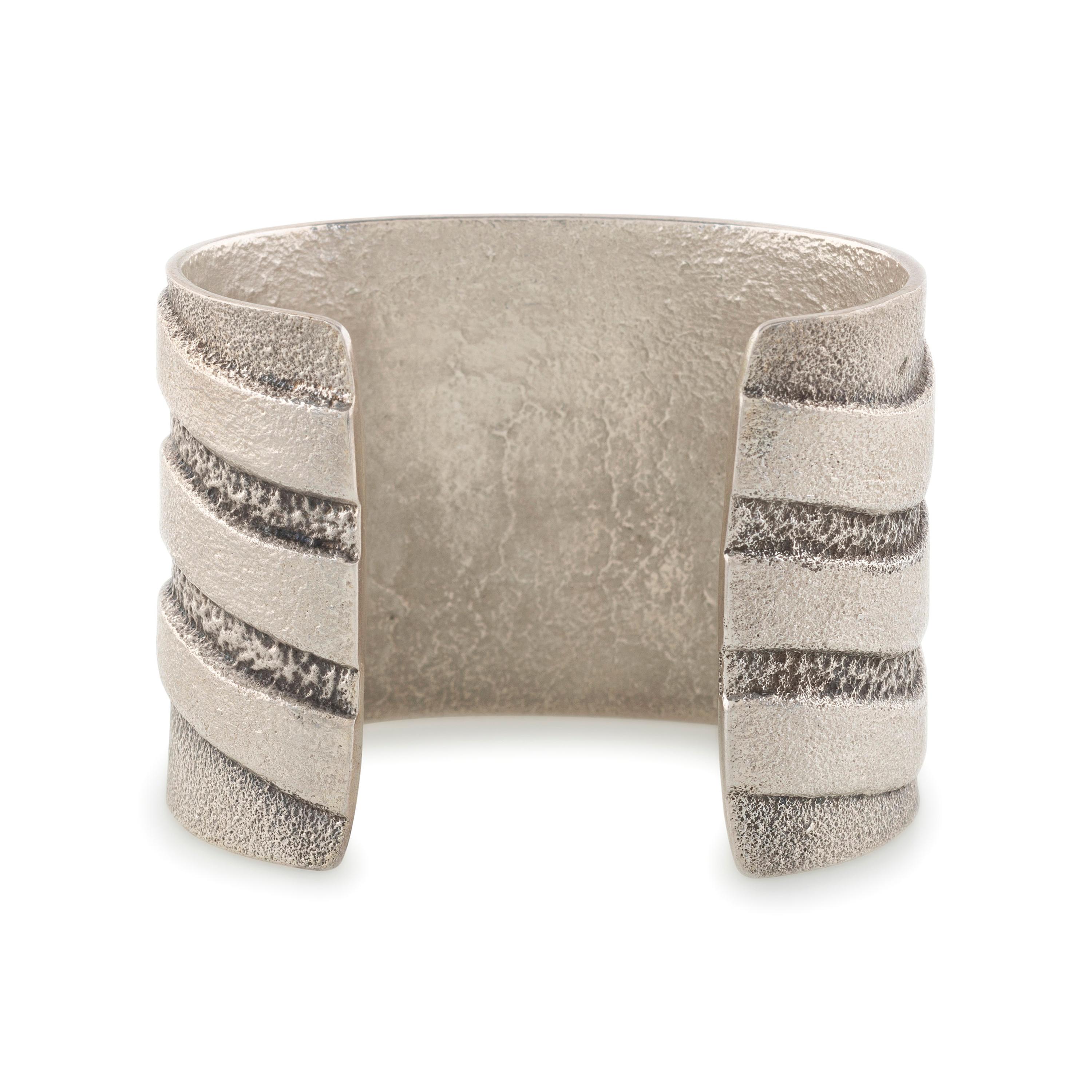 Tufa Cast Sterling Silver Cuff Bracelet, with Wave Design and Set with Turquoise and Coral in Abstract Figural Shape