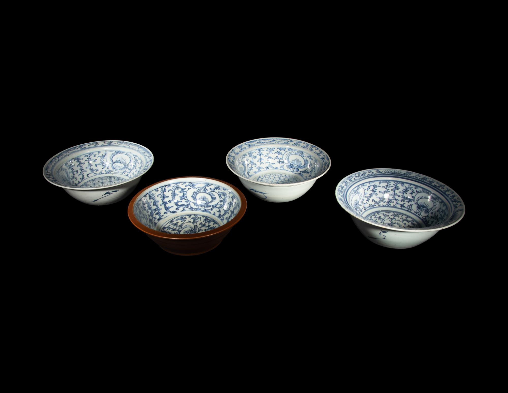 Four Chinese Blue and White Porcelain Shallow Bowls