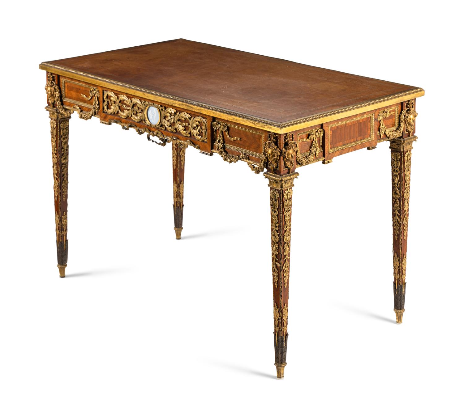 A French Gilt Bronze and Jasperware Mounted Kingwood and Parquetry Writing Table