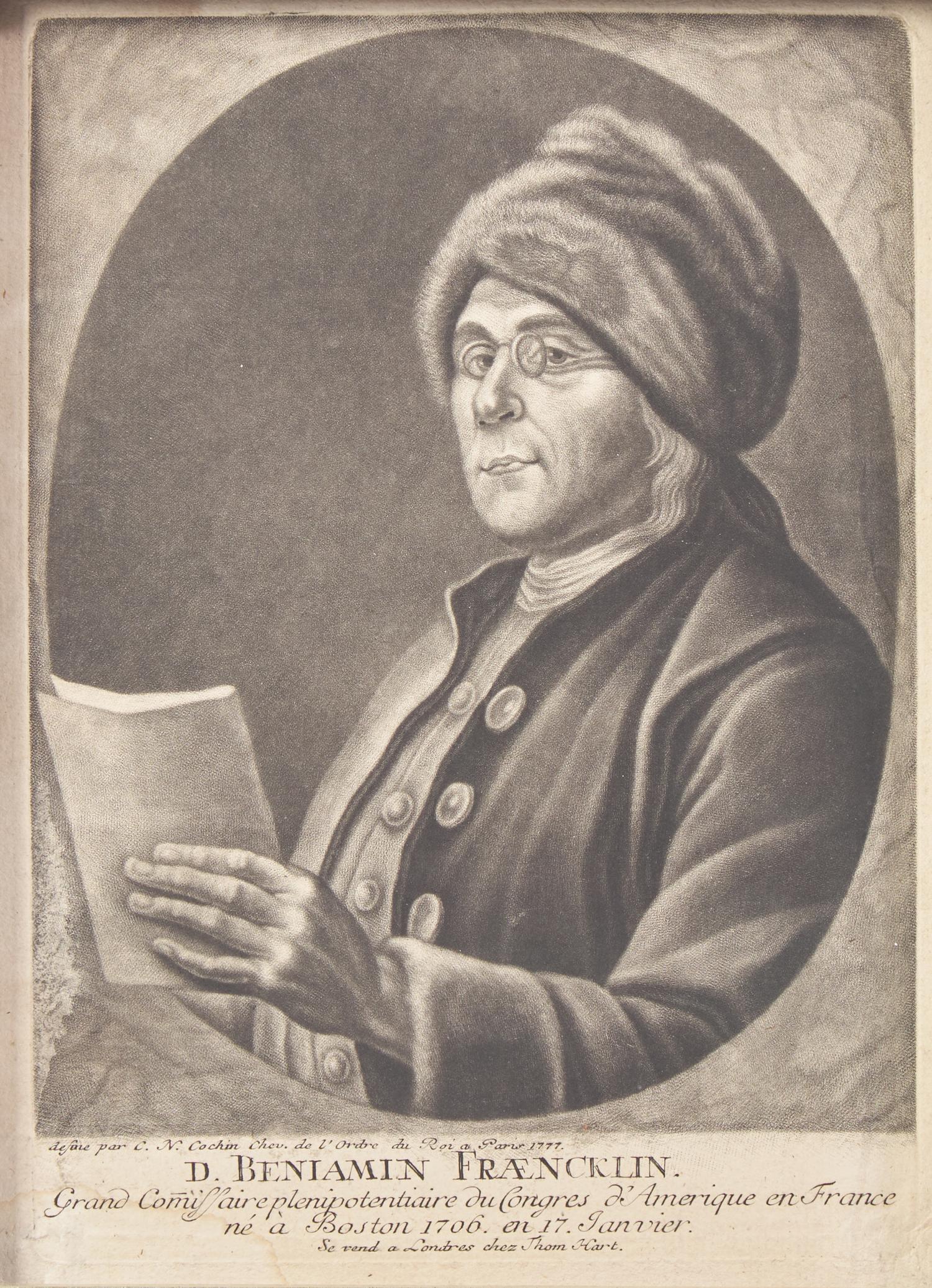 After Charles Nicolas Cochin II (French, 1715-1790), A Mezzotint of Benjamin Franklin, or "D. Benjamin Fraencklin. Grand Commissaire plenipotentiare du Congres d'Amerique en France ne a Boston 1706. en 17. Janvier."
