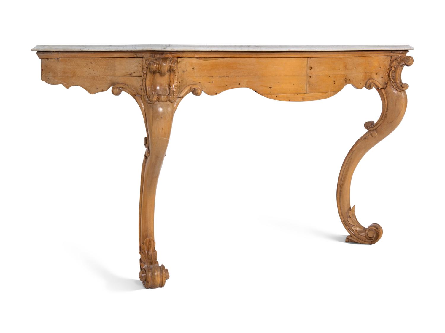 A Continental Carved Fruitwood Marble-Top Console Table and Mirror