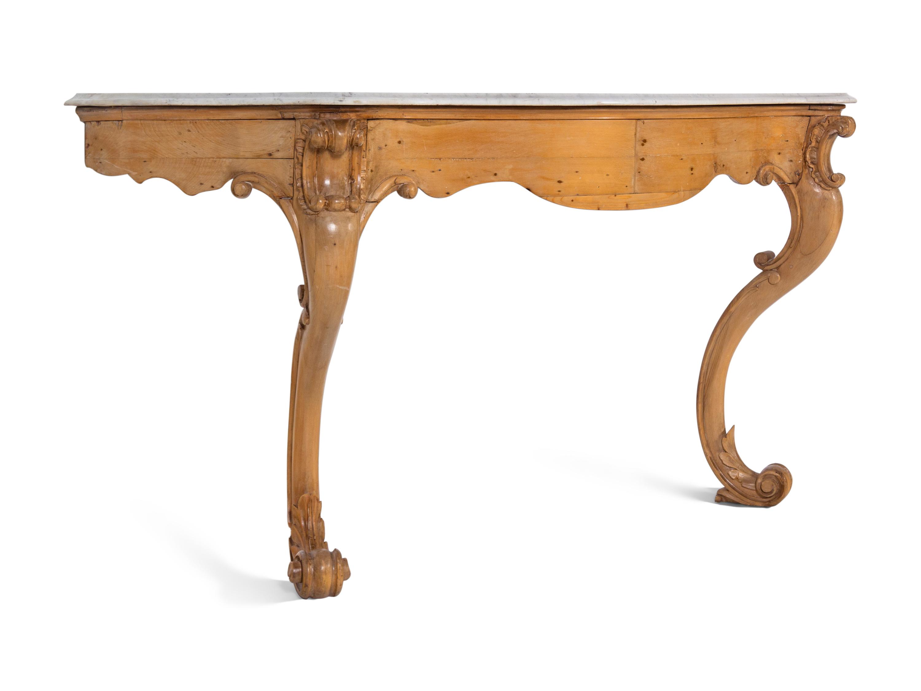 A Continental Carved Fruitwood Marble-Top Console Table and Mirror