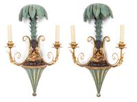 A Pair of Painted and Gilt Metal Two-Light Wall Sconces Height 17 inches. — 20TH CENTURY