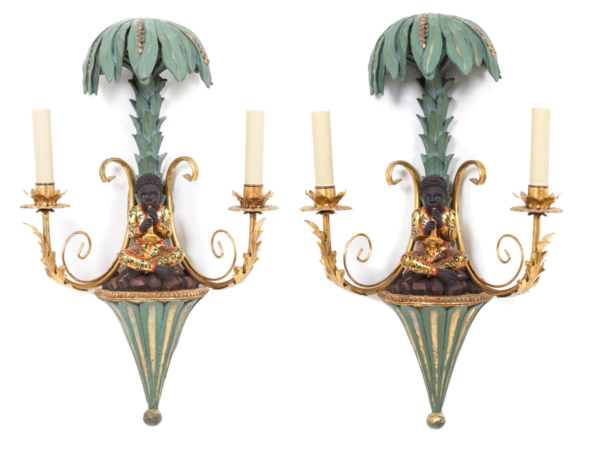 A Pair of Painted and Gilt Metal Two-Light Wall Sconces Height 17 inches. — 20TH CENTURY