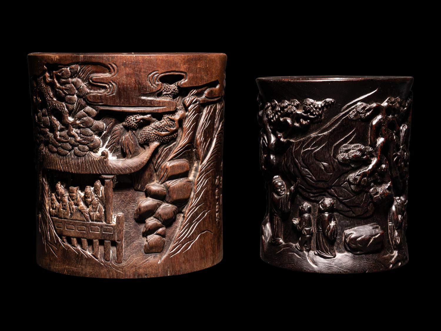 Two Chinese Carved Hardwood Brushpots, Bitong