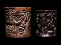 Two Chinese Carved Hardwood Brushpots, Bitong