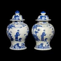 A Pair of Chinese Blue and White 'Figural' Porcelain General Jars and Covers, 19th/Early 20th Century 晚清/民國 青花人物故事圖將軍罐一對