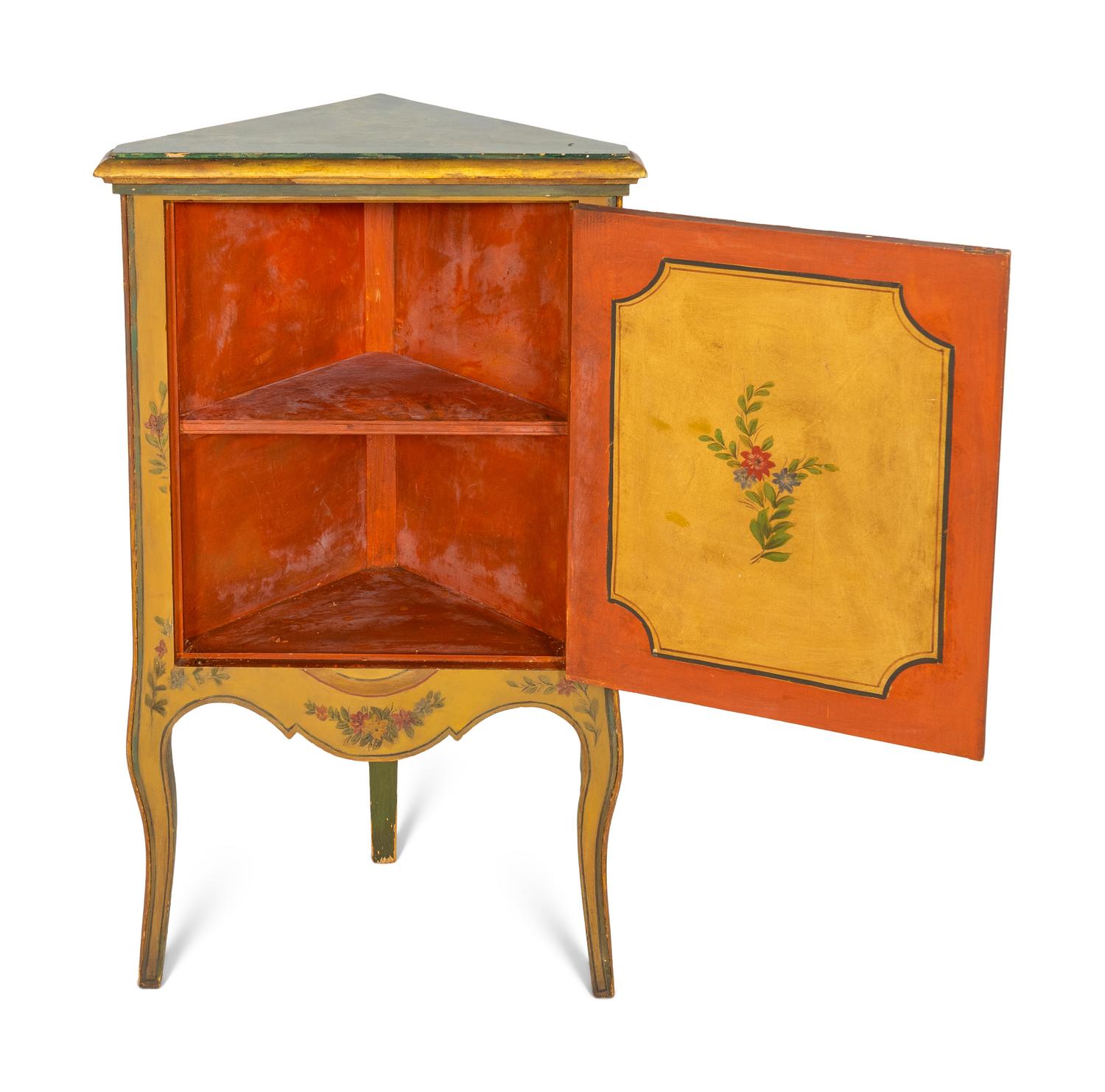 A Venetian Paint Decorated Corner Cabinet with Simulated Marble Top