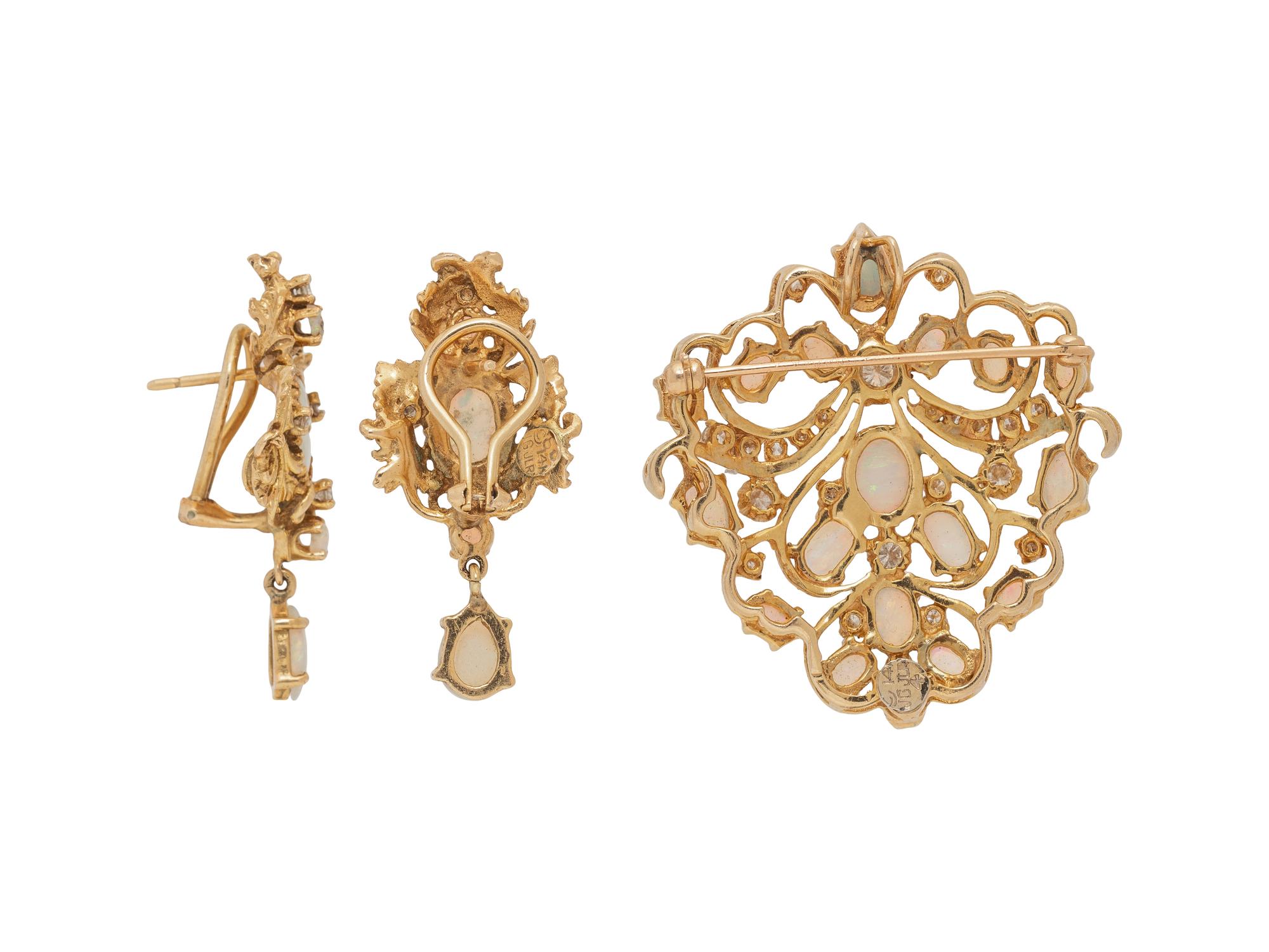 YELLOW GOLD, OPAL AND DIAMOND BROOCH AND EARRINGS