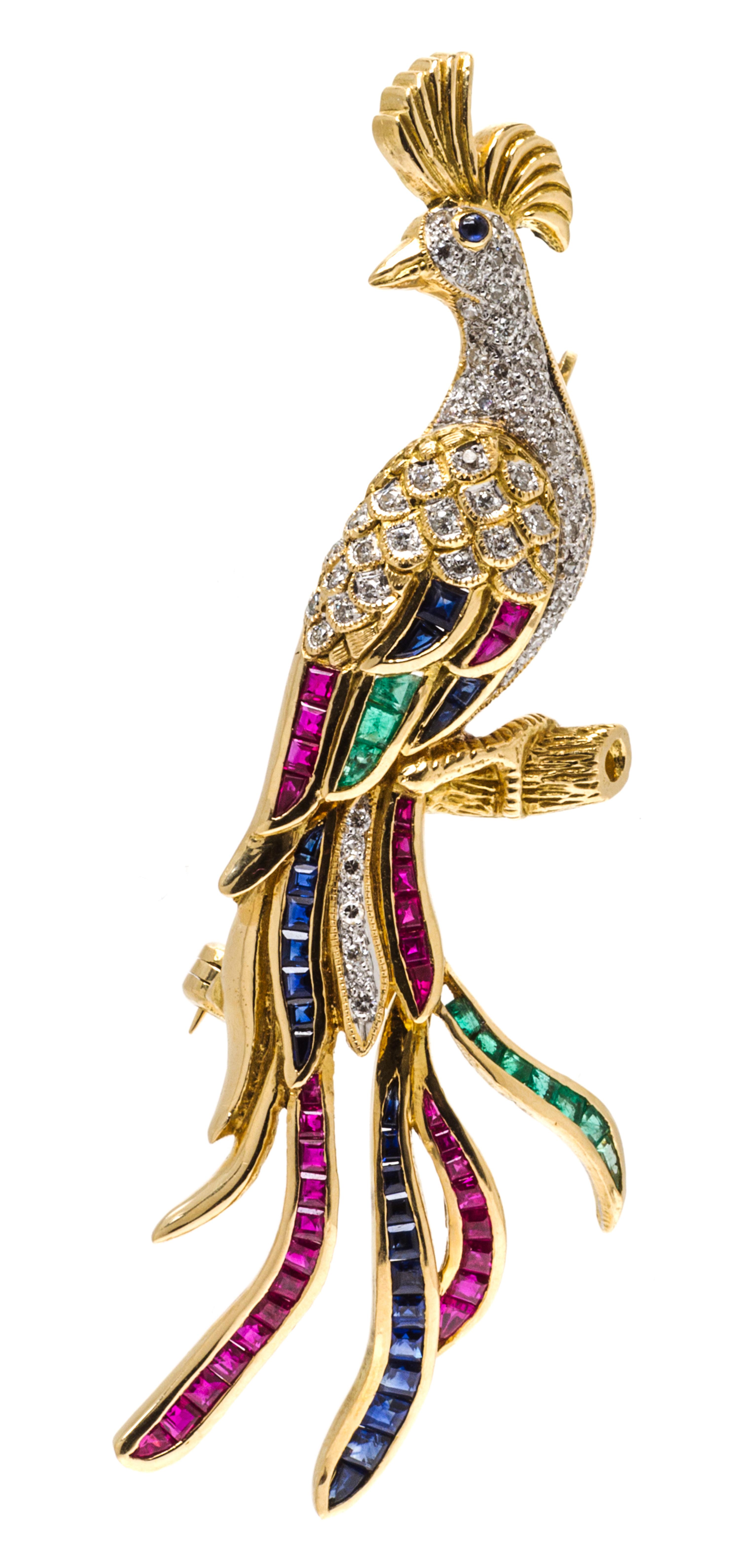An 18 Karat Yellow Gold, Ruby, Sapphire, Emerald and Diamond Articulated Peacock Brooch, 11.10 dwts.