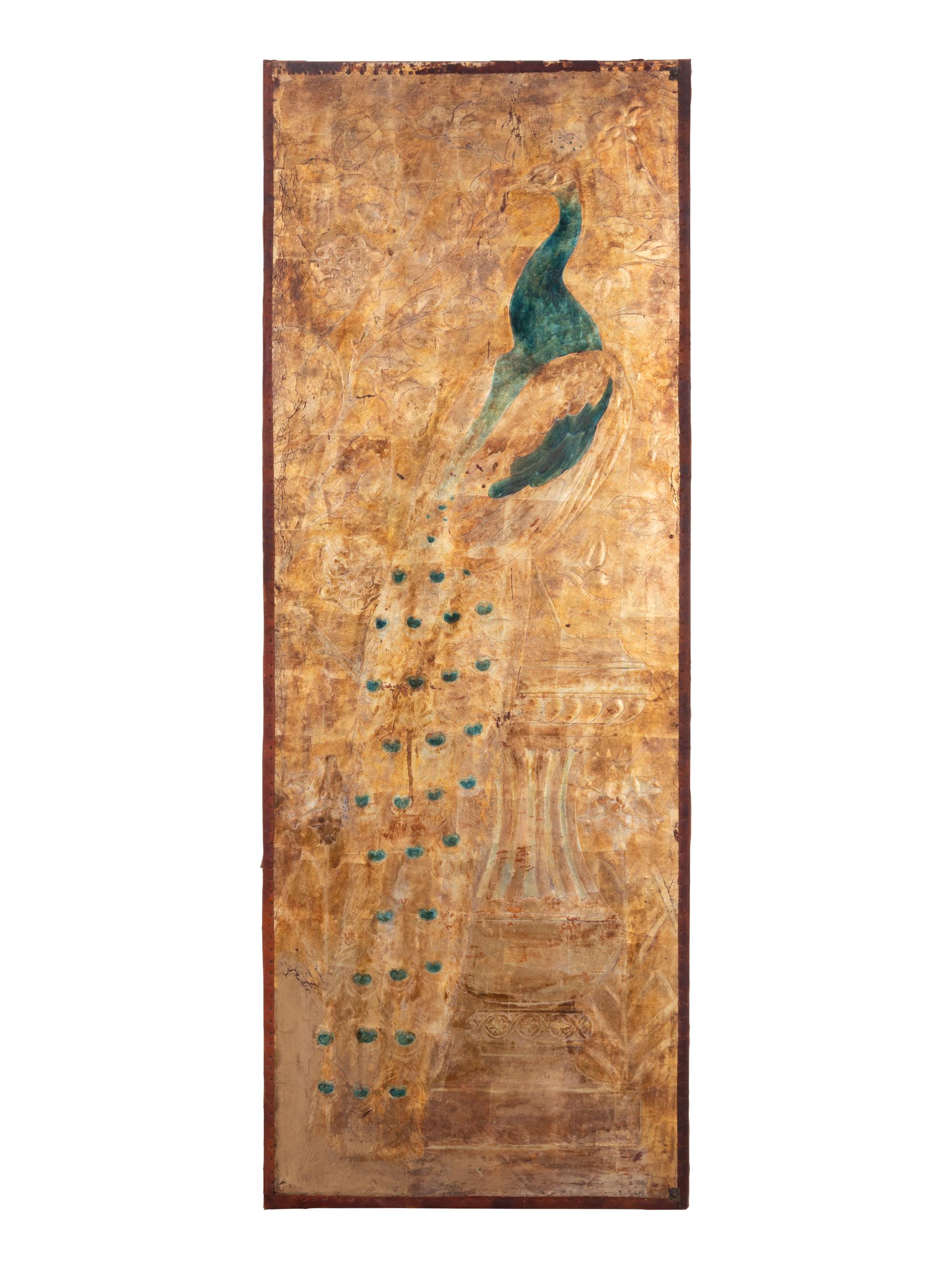 A Silver and Gilt Decorated Leather Four-Panel Screen
