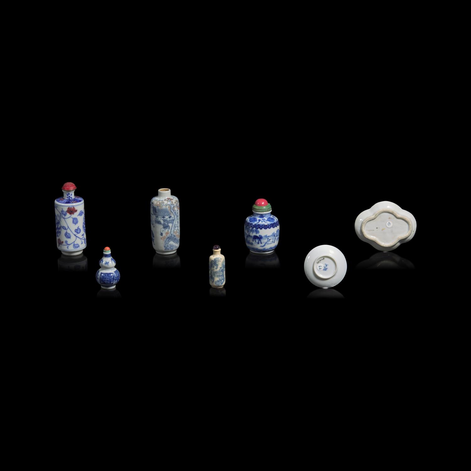 A Group of Five Assorted Chinese Snuff Bottles and Two Saucers