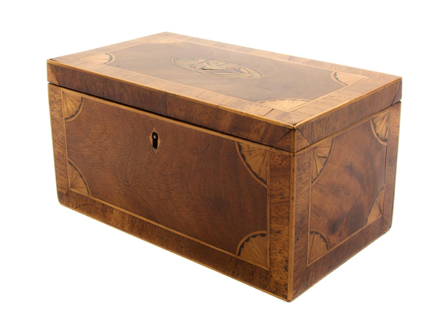 A George III Marquetry Decorated Tea Caddy, Width 8 1/4 inches.