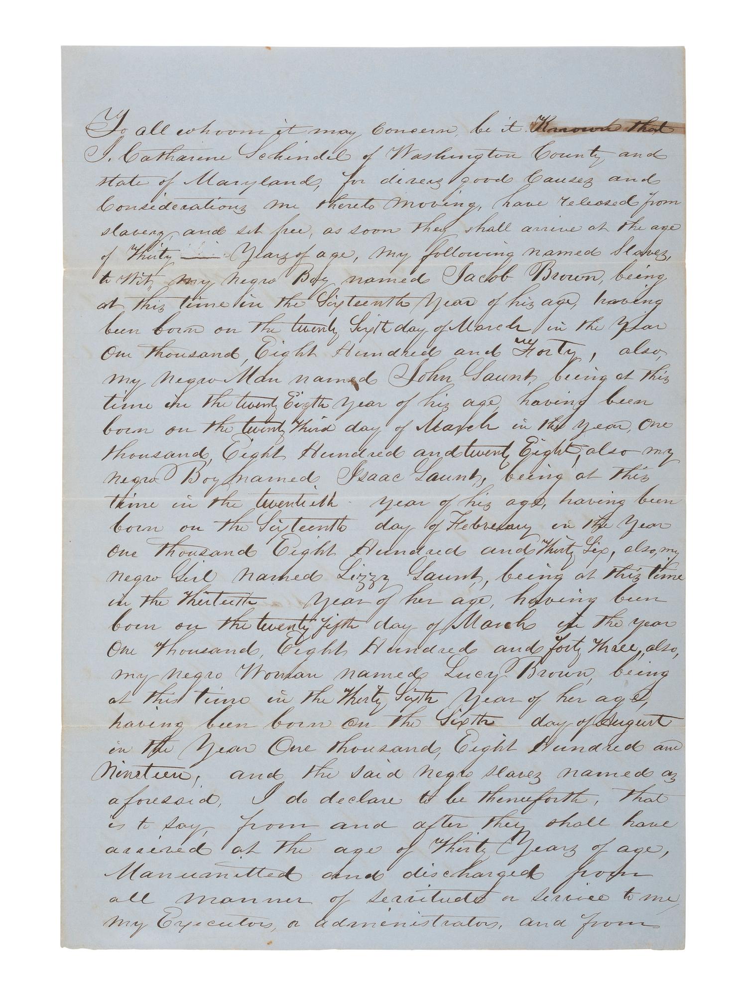 [ENSLAVEMENT & ABOLITION]. Manuscript deed of manumission listing five enslaved persons. Washington County, MD, May 1855.