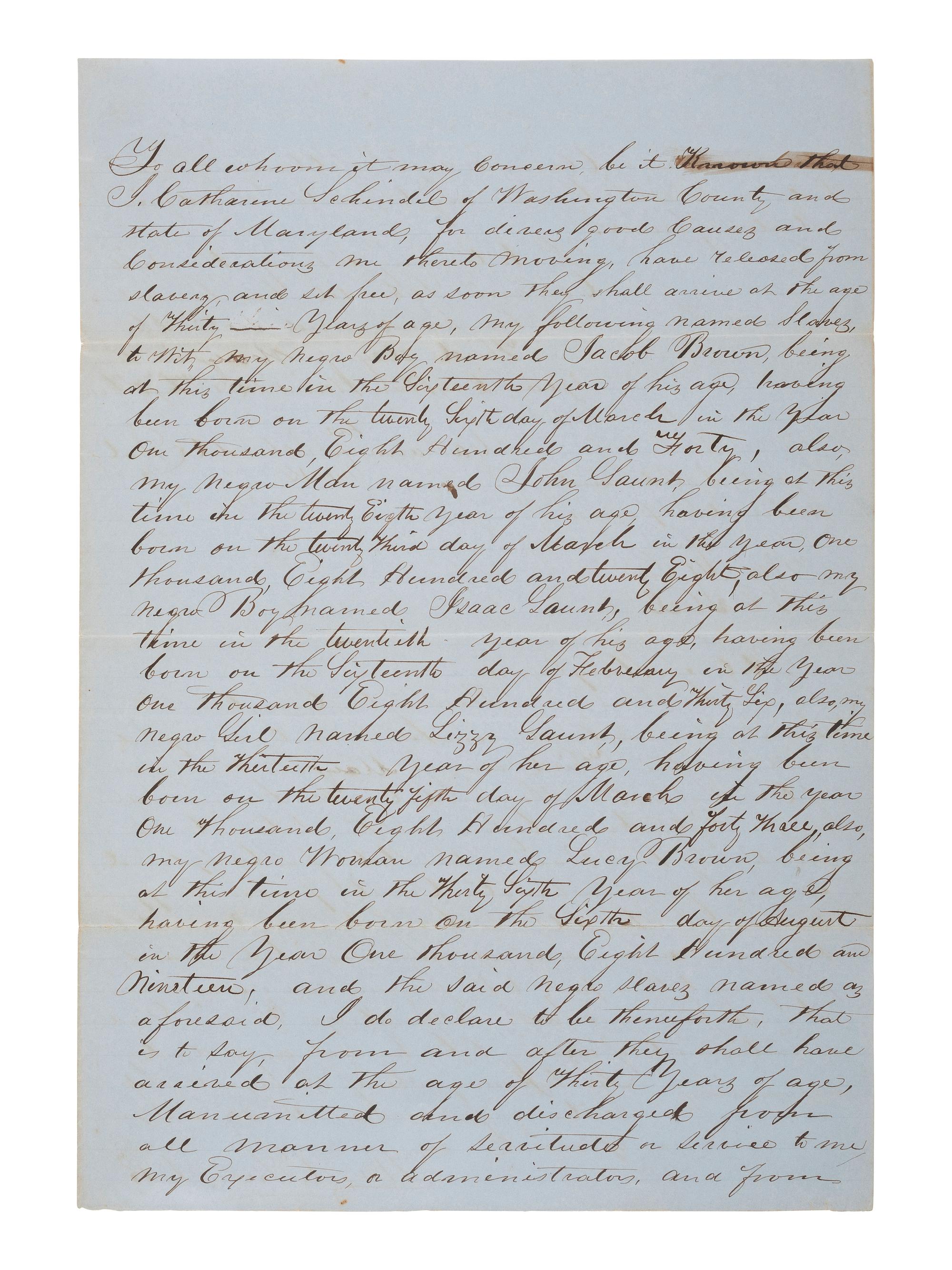 [ENSLAVEMENT & ABOLITION]. Manuscript deed of manumission listing five enslaved persons. Washington County, MD, May 1855.