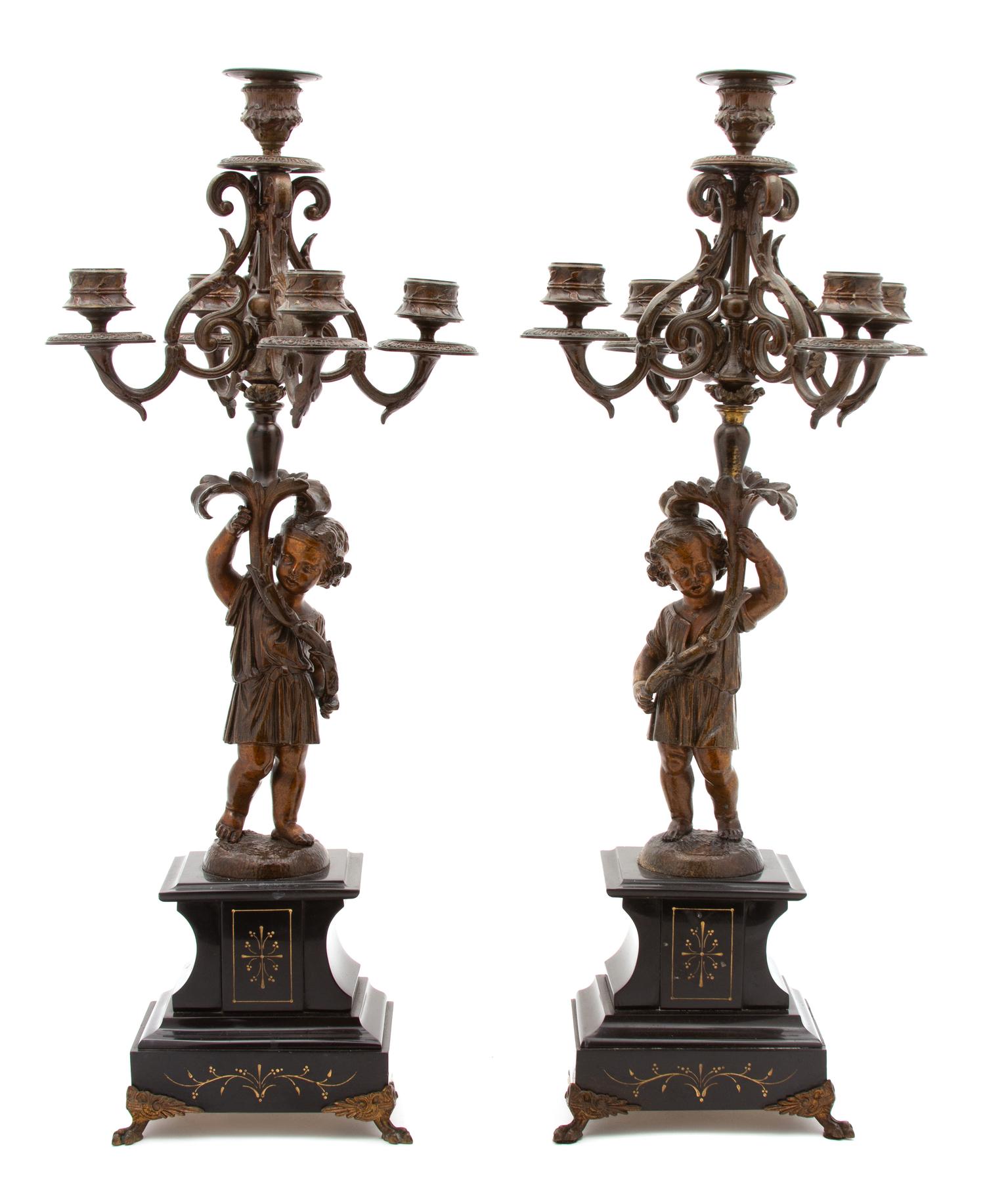 A Pair of Victorian Patinated Metal and Black Marble Five Light Candelabra Height 23 inches. — LATE 19TH CENTURY