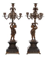 A Pair of Victorian Patinated Metal and Black Marble Five Light Candelabra Height 23 inches. — LATE 19TH CENTURY