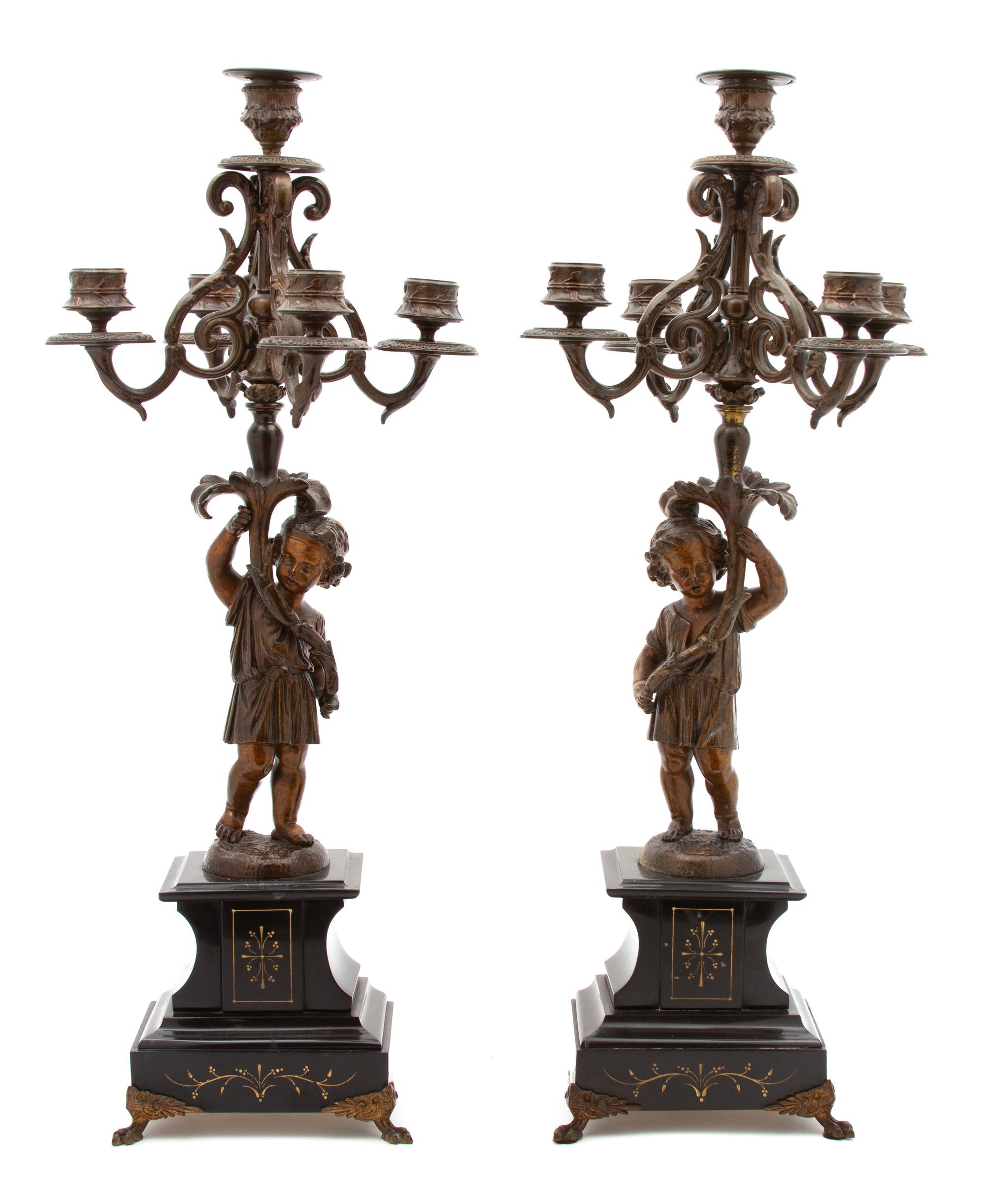 A Pair of Victorian Patinated Metal and Black Marble Five Light Candelabra Height 23 inches. — LATE 19TH CENTURY