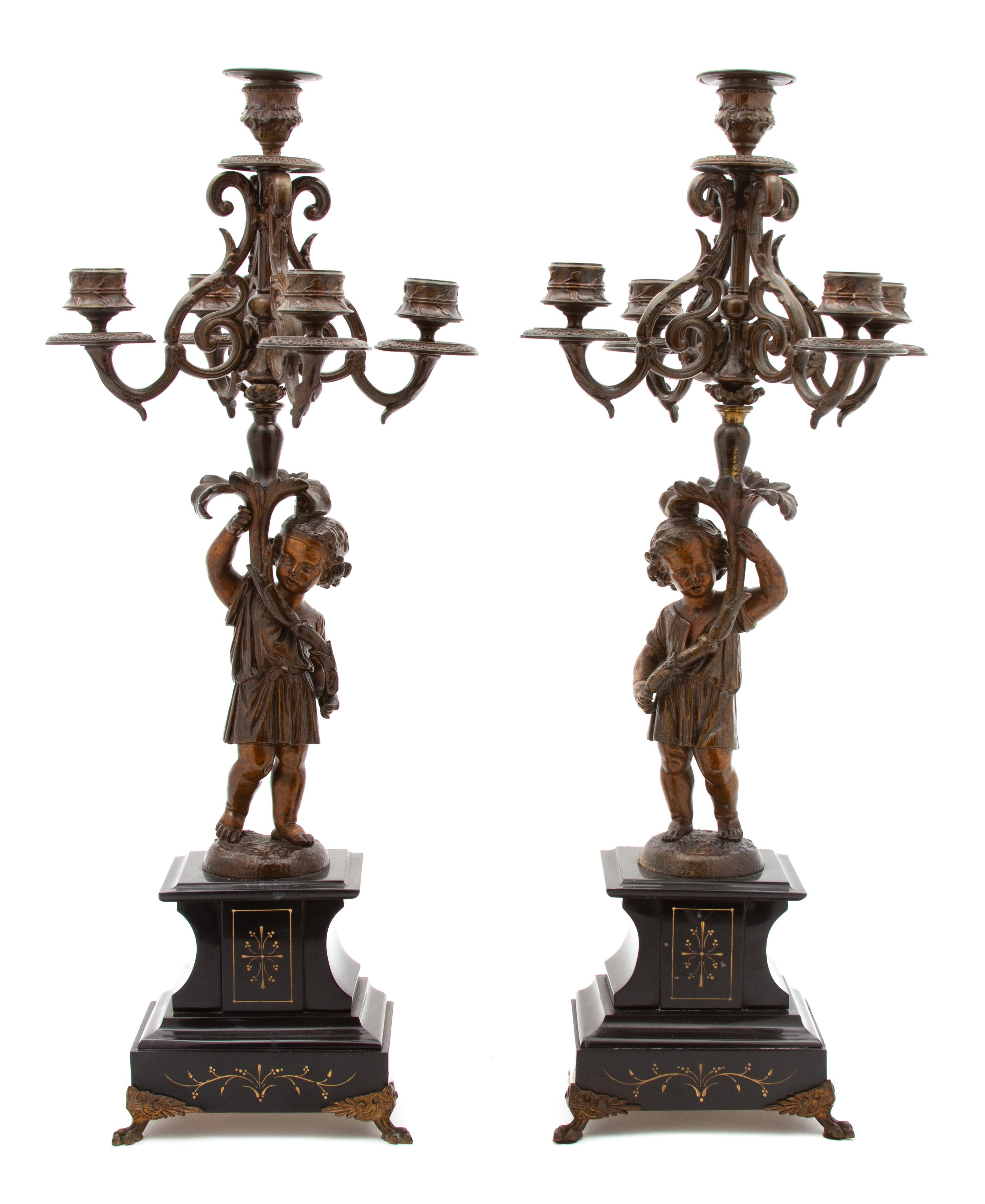 A Pair of Victorian Patinated Metal and Black Marble Five Light Candelabra Height 23 inches. — LATE 19TH CENTURY