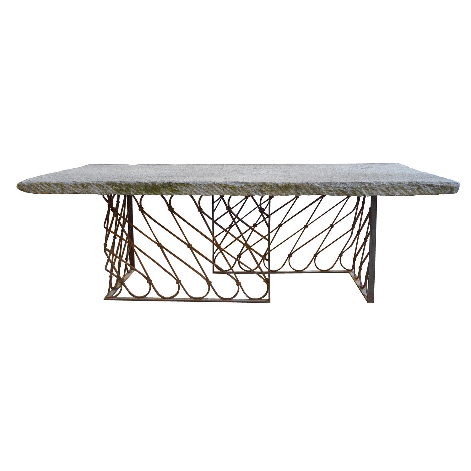 A Stone and Wrought Iron Table 98" W x 47" D x 31.5" H — Italy, 17th Century and Later