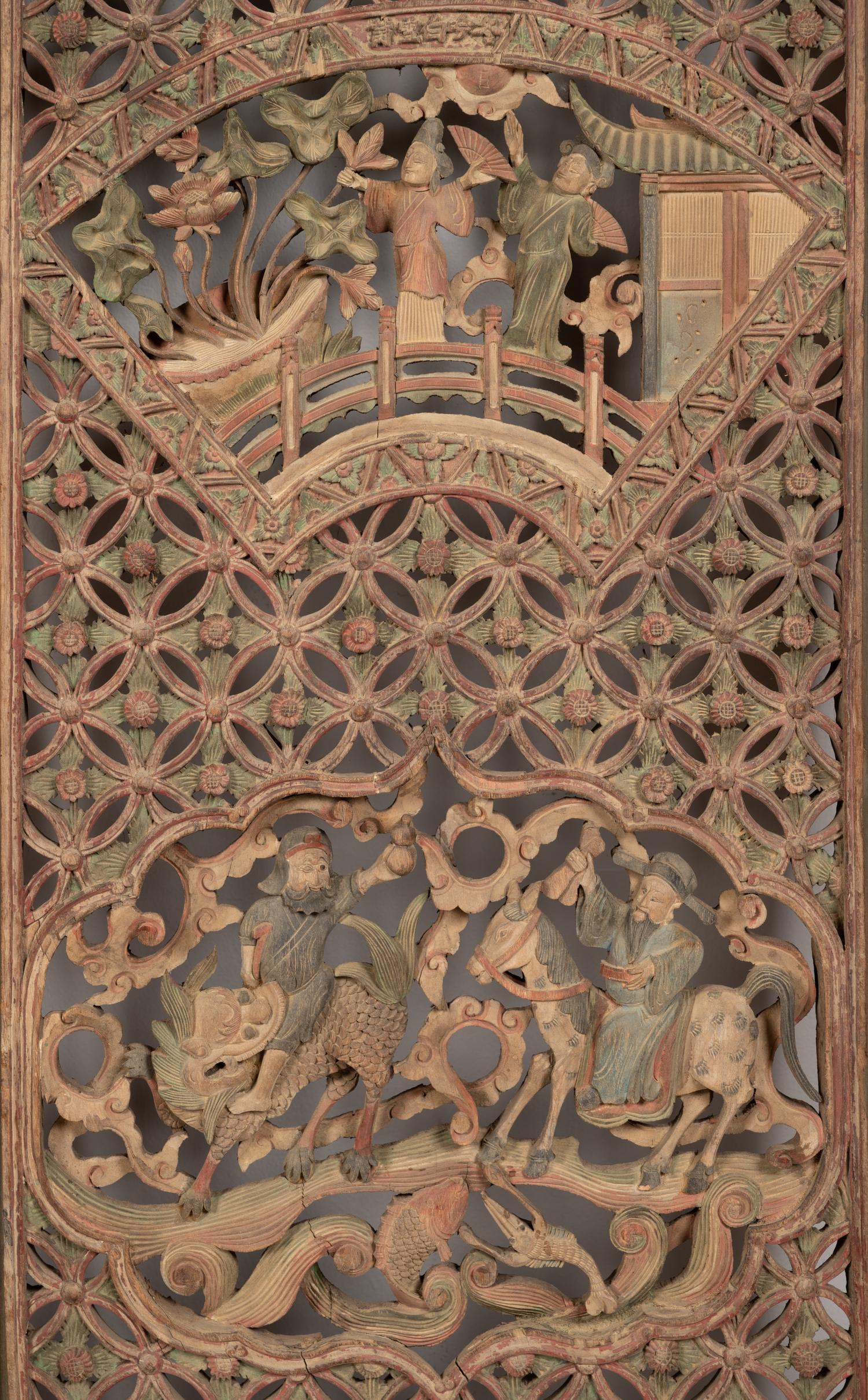 A Group of Four Chinese Pierce-Carved and Polychrome Decorated Window Panels